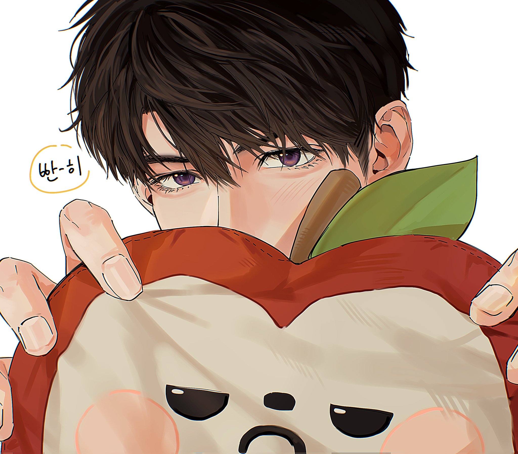 caleb (love and deepspace), love and deepspace, highres, 1boy, apple, blush stickers, brown hair, food, frown, fruit, hair between eyes, holding, holding stuffed toy, leaf, light blush, looking at viewer, male focus, meomo0613, purple eyes, short hair, sideburns, solo, stuffed toy, upper body, white background