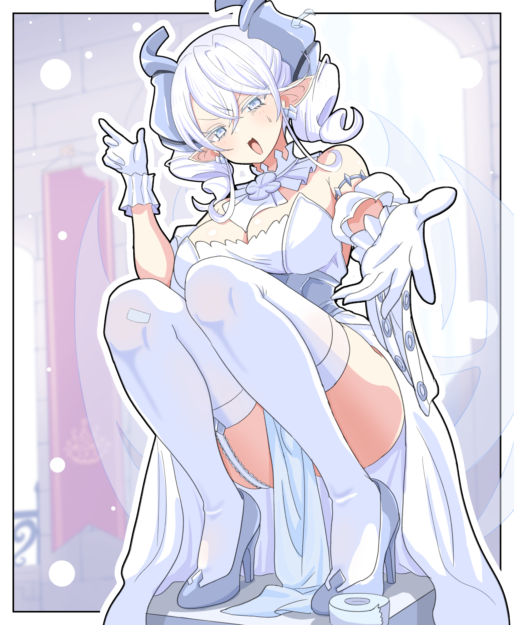 daiichi (k daiiti), lovely labrynth of the silver castle, yu-gi-oh!, highres, 1girl, armored corset, bare shoulders, breasts, cleavage, demon girl, demon horns, demon tail, demon wings, detached collar, dress, drill hair, duel monster, garter straps, gloves, grey corset, grey eyes, grey hair, high heels, horns, large breasts, looking at viewer, low wings, medium hair, multiple wings, open mouth, pointy ears, solo, squatting, strapless, strapless dress, tail, thighhighs, transparent wings, twin drills, white dress, white hair, white horns, white thighhighs, wings