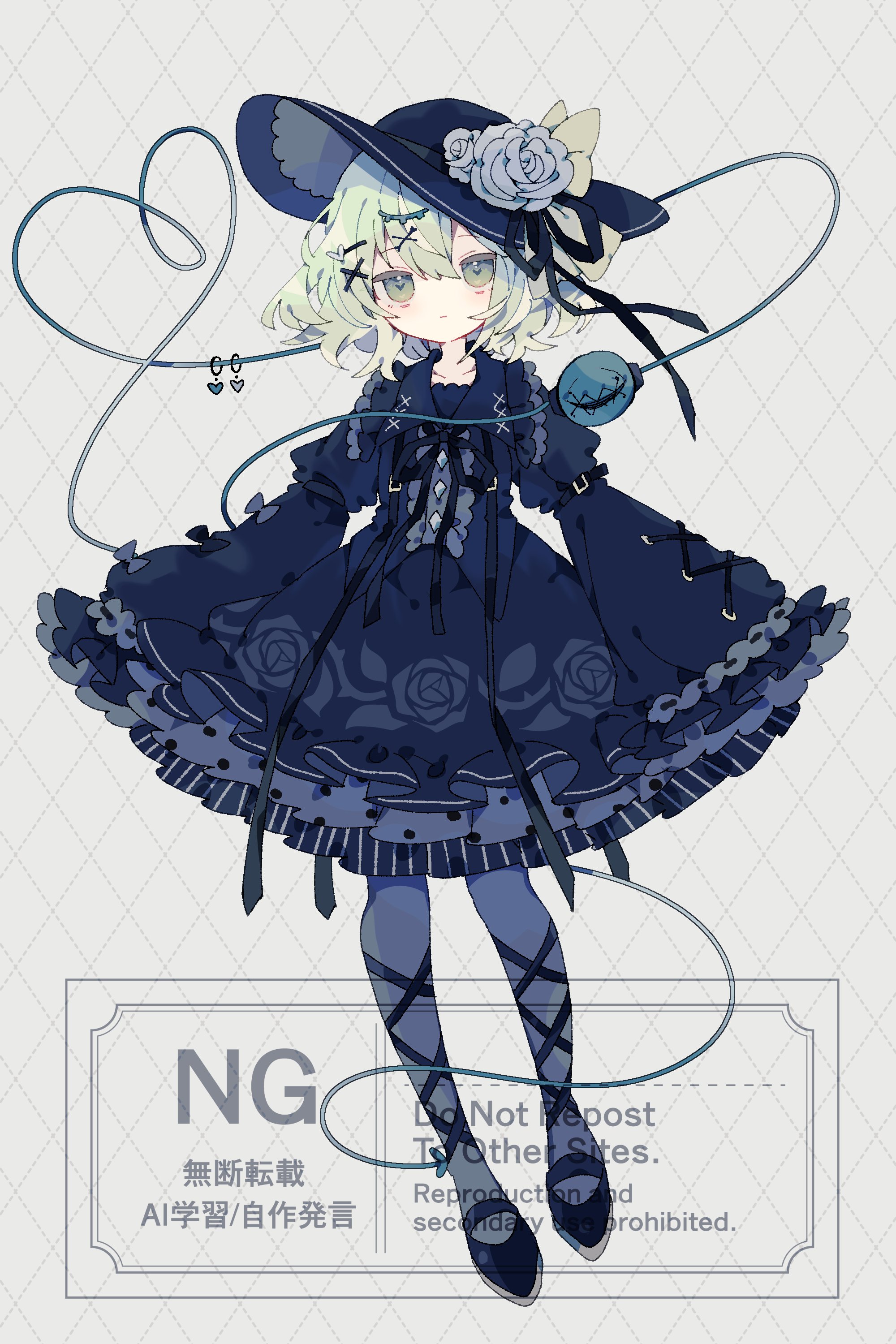 nikorashi-ka, komeiji koishi, touhou, absurdres, commentary, highres, 1girl, alternate color, ankle lace-up, argyle background, black hat, black pantyhose, black shirt, black shoes, black skirt, blue flower, blue rose, closed mouth, collared shirt, flower, frilled shirt collar, frilled skirt, frills, full body, green eyes, green hair, grey background, hat, hat flower, heart, heart of string, long sleeves, looking at viewer, pantyhose, rose, shirt, shoes, short hair, skirt, sleeves past fingers, sleeves past wrists, solo, standing, third eye, watermark
