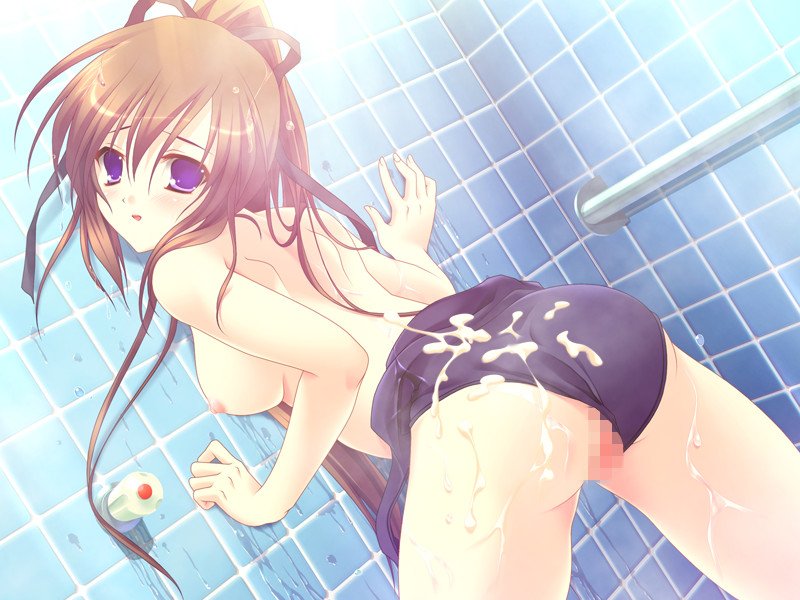 satou satoru, irie mitsuki, tsukushite ageru no ni!, game cg, jpeg artifacts, 1girl, against wall, ass, breasts, brown hair, censored, clothing aside, cum, cum on ass, cum on body, cum on clothes, cum on lower body, cum on upper body, female focus, long hair, medium breasts, mosaic censoring, nipples, one-piece swimsuit, ponytail, purple eyes, pussy, showering, solo, swimsuit, swimsuit aside, topless female, wet