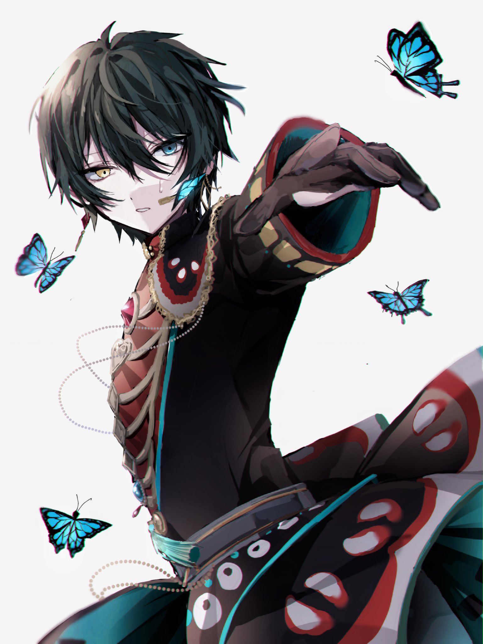 kagehira mika, ensemble stars!, bad id, bad twitter id, highres, 1boy, black gloves, blue butterfly, blue eyes, bug, butterfly, feature scout 1 (ensemble stars!), gloves, grey background, hair between eyes, headset, heterochromia, insect, male focus, mikauunyan, official alternate costume, outstretched arm, outstretched hand, parted lips, short hair, simple background, solo, sweat, yellow eyes