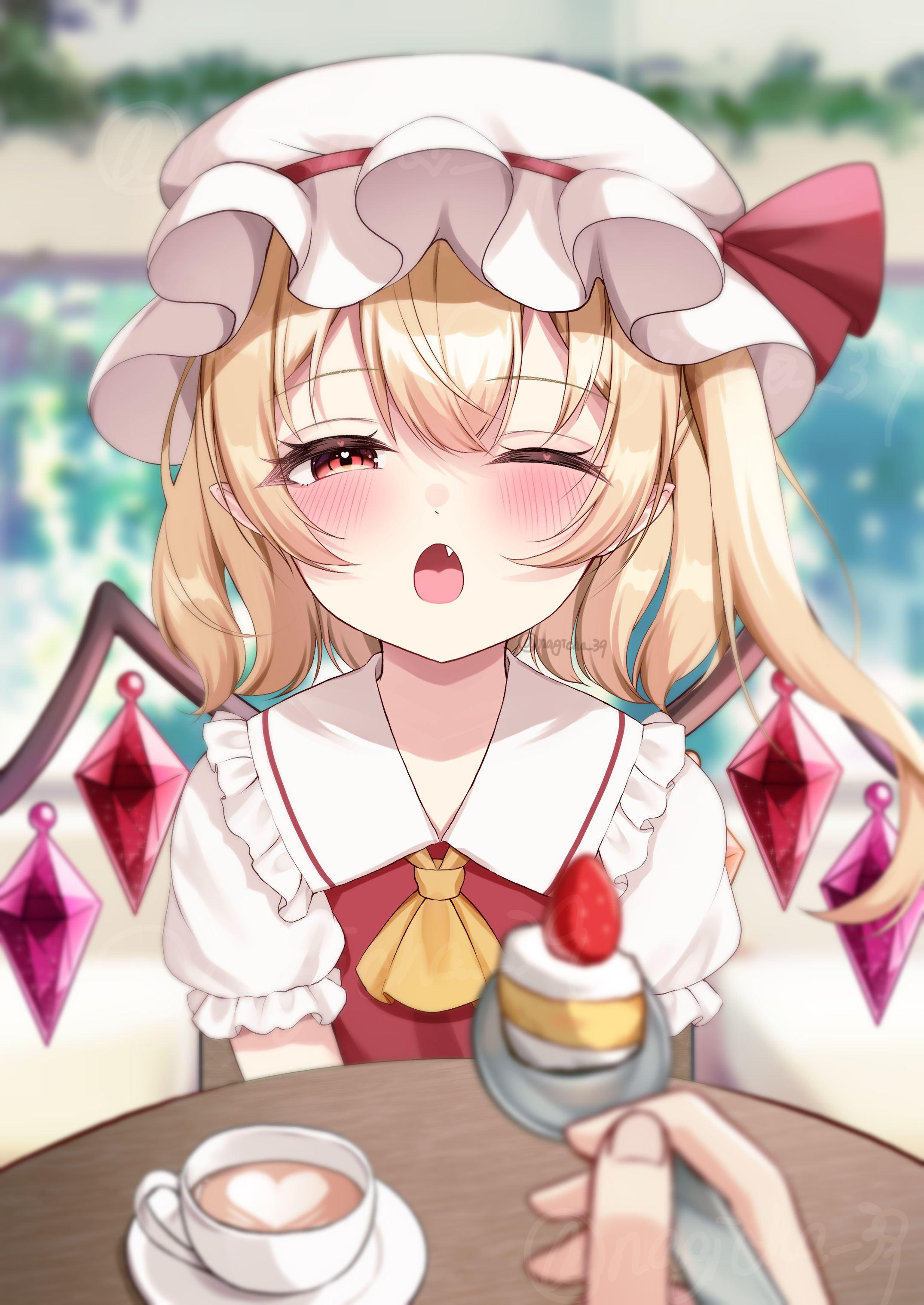 nagicha, flandre scarlet, touhou, absurdres, commentary request, highres, 1girl, 1other, ;o, ascot, blonde hair, blush, cake, crystal wings, day, fang, feeding, food, hair between eyes, half-closed eye, hat, hat ribbon, looking at viewer, medium hair, one eye closed, outdoors, pov, red eyes, red ribbon, red vest, ribbon, shirt, short hair with long locks, sitting, solo focus, upper body, vest, white shirt, wings, yellow ascot