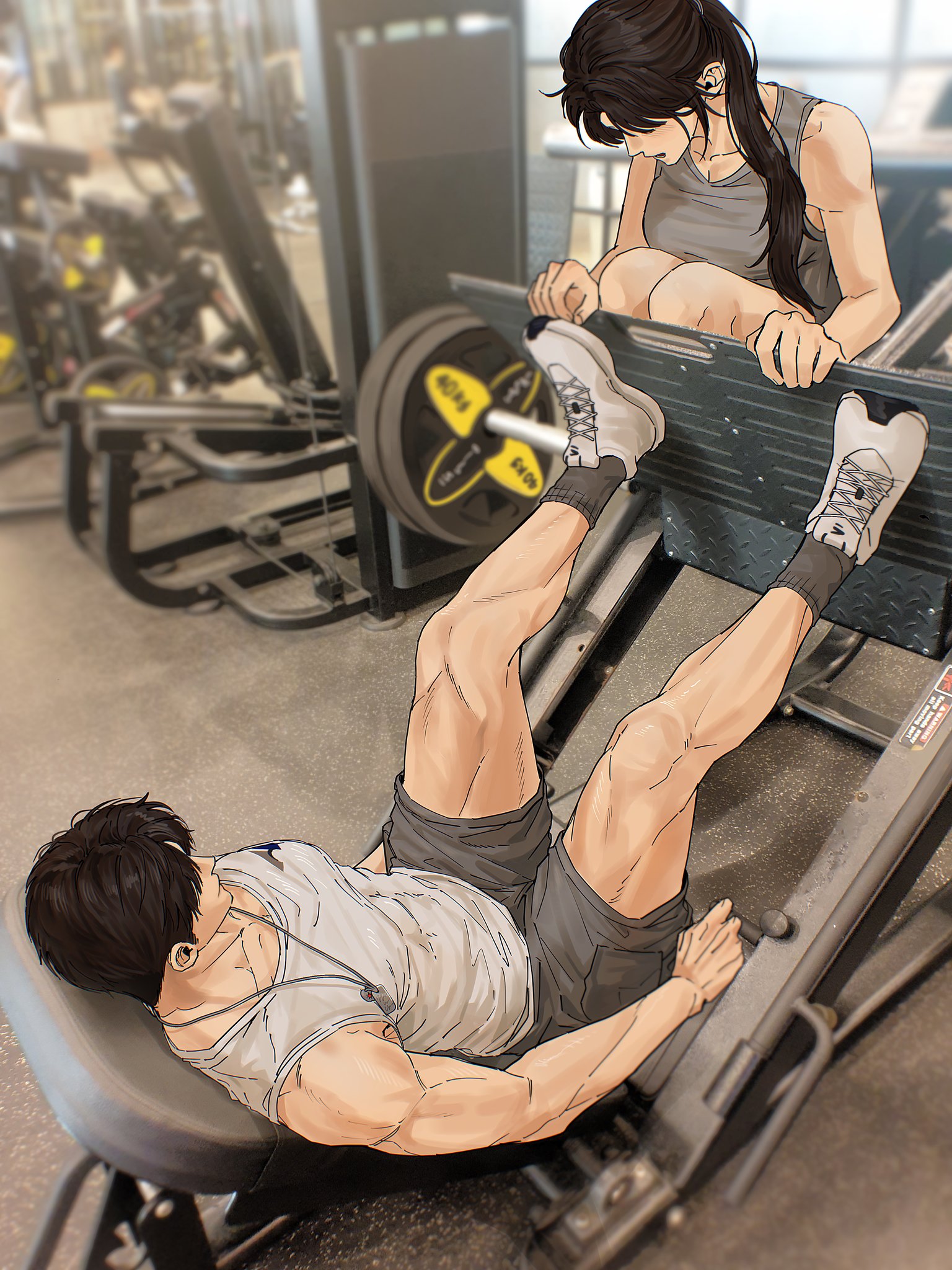 caleb (love and deepspace), protagonist (love and deepspace), love and deepspace, highres, 1boy, 1girl, bare shoulders, breasts, brown hair, cleavage, dog tags, exercising, full body, grey shorts, grey socks, grey tank top, gym, gym equipment, hair over shoulder, leg press machine, long hair, looking at another, medium breasts, meomo0613, muscular, muscular male, parted bangs, shoes, short hair, shorts, sneakers, socks, tank top, white shoes, white tank top