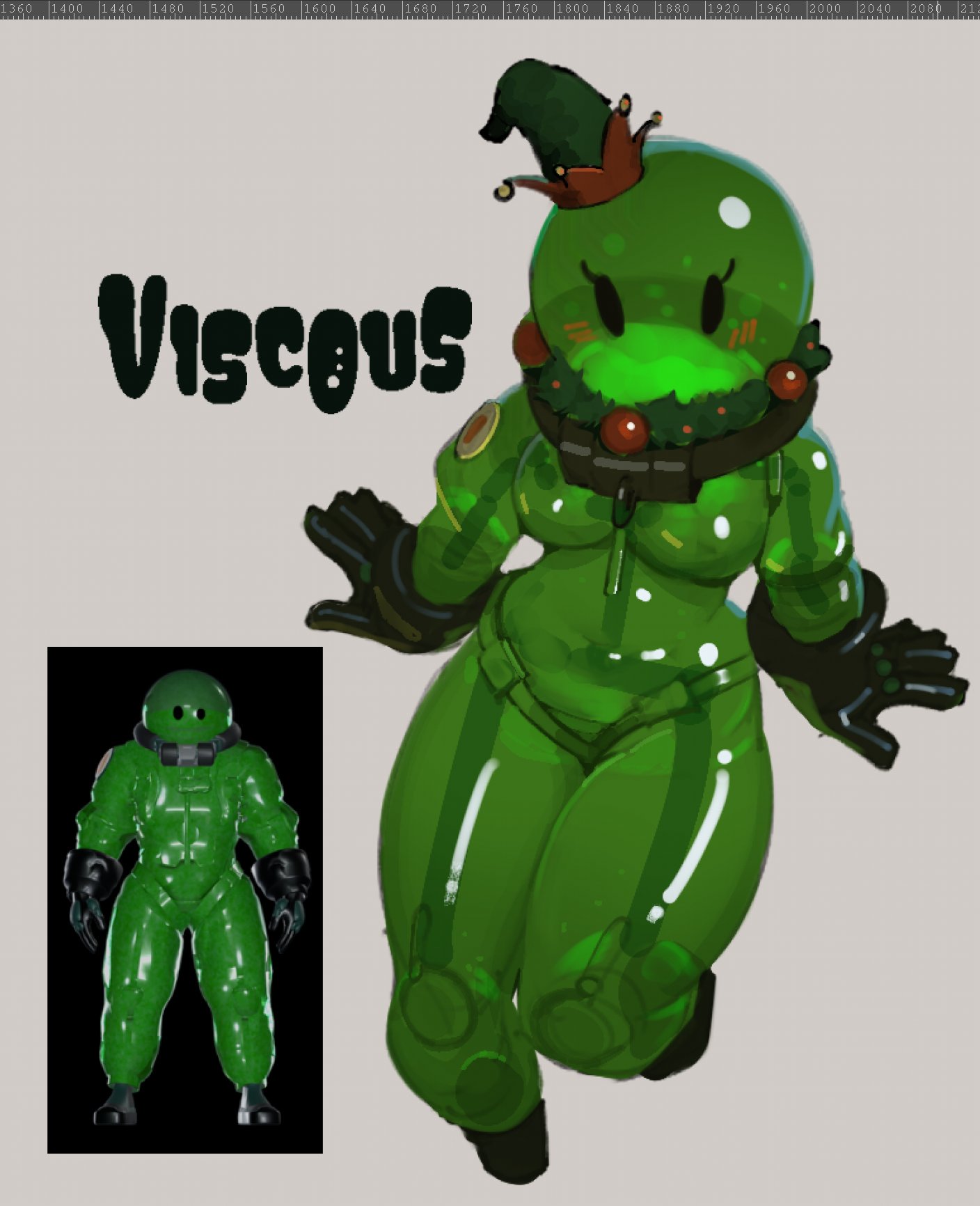 3ts, deadlock (game), highres, 1girl, blush stickers, breasts, christmas wreath, curvy, elf hat, grey background, medium breasts, monster girl, see-through body, simple background, skeleton, slime (creature), slime (substance), slime girl, viscous (deadlock), wreath