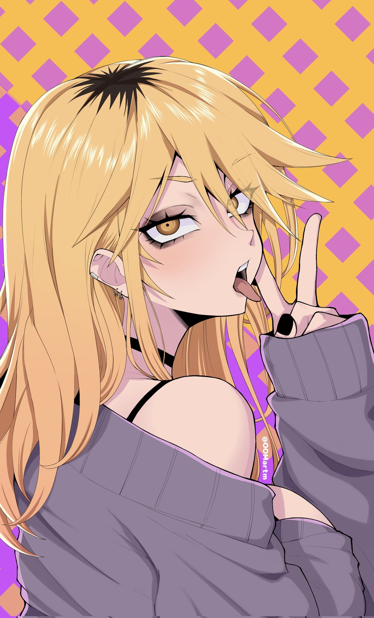 kikyou seri, yofukashi no uta, commentary, english commentary, highres, 1girl, argyle background, black choker, black eyeshadow, black hair, black nails, blonde hair, choker, ear piercing, earclip, eyelashes, eyes visible through hair, eyeshadow, grey sweater, hair between eyes, hair over one eye, hand up, long hair, long sleeves, looking at viewer, looking back, makeup, multicolored hair, nose, oomartm, open mouth, piercing, purple background, roots (hair), single bare shoulder, sleeves past wrists, solo, sweater, teeth, tongue, tongue out, twitter username, two-tone background, two-tone hair, upper body, upper teeth only, v, yellow background, yellow eyes