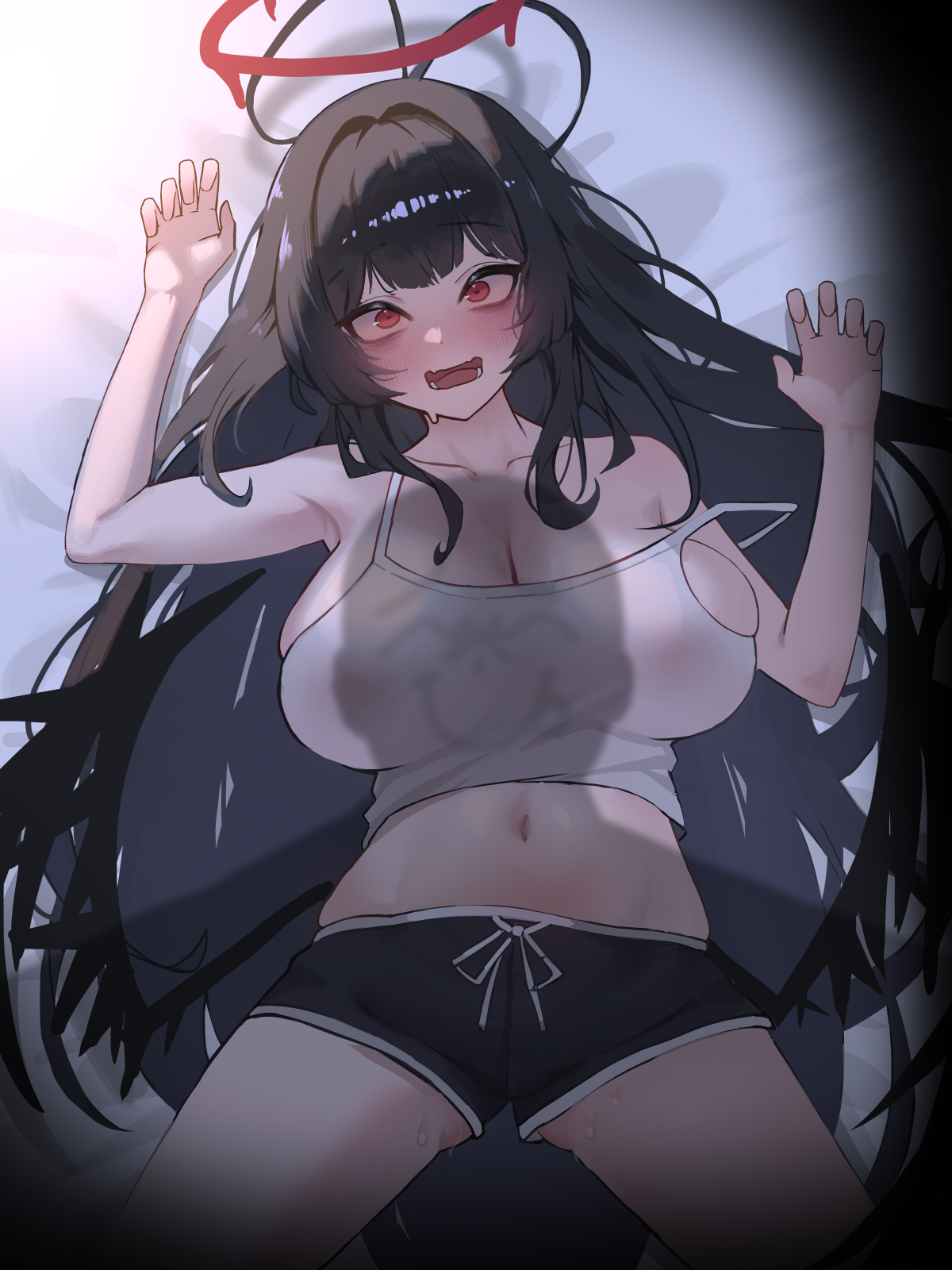 musclexm, doodle sensei (blue archive), sensei (blue archive), tsurugi (blue archive), blue archive, highres, 1boy, 1girl, antenna hair, bare arms, bare shoulders, black hair, black shorts, black wings, blush, breasts, cleavage, covered erect nipples, halo, huge breasts, long hair, lying, navel, on back, open mouth, red eyes, red halo, shadow, short shorts, shorts, stomach, tank top, white tank top, wings
