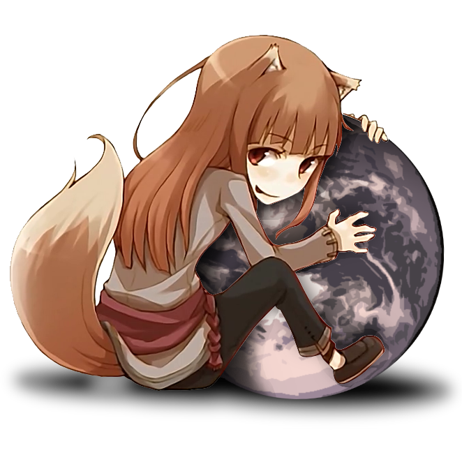 craft lawrence, holo, mozilla firefox, spice and wolf, 00s, animal ears, brown hair, earth (planet), giant, giantess, huge giantess, icon (computing), planet, red eyes, solo, tail, transparent background, wolf, wolf ears, wolf tail