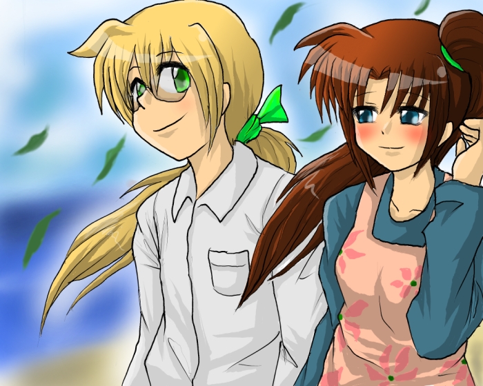 enokuma uuta, takamachi nanoha, yuuno scrya, lyrical nanoha, mahou shoujo lyrical nanoha, mahou shoujo lyrical nanoha strikers, 00s, 1boy, 1girl, blue eyes, blush, brown hair, casual, couple, enokuma, glasses, hetero, ponytail, side ponytail