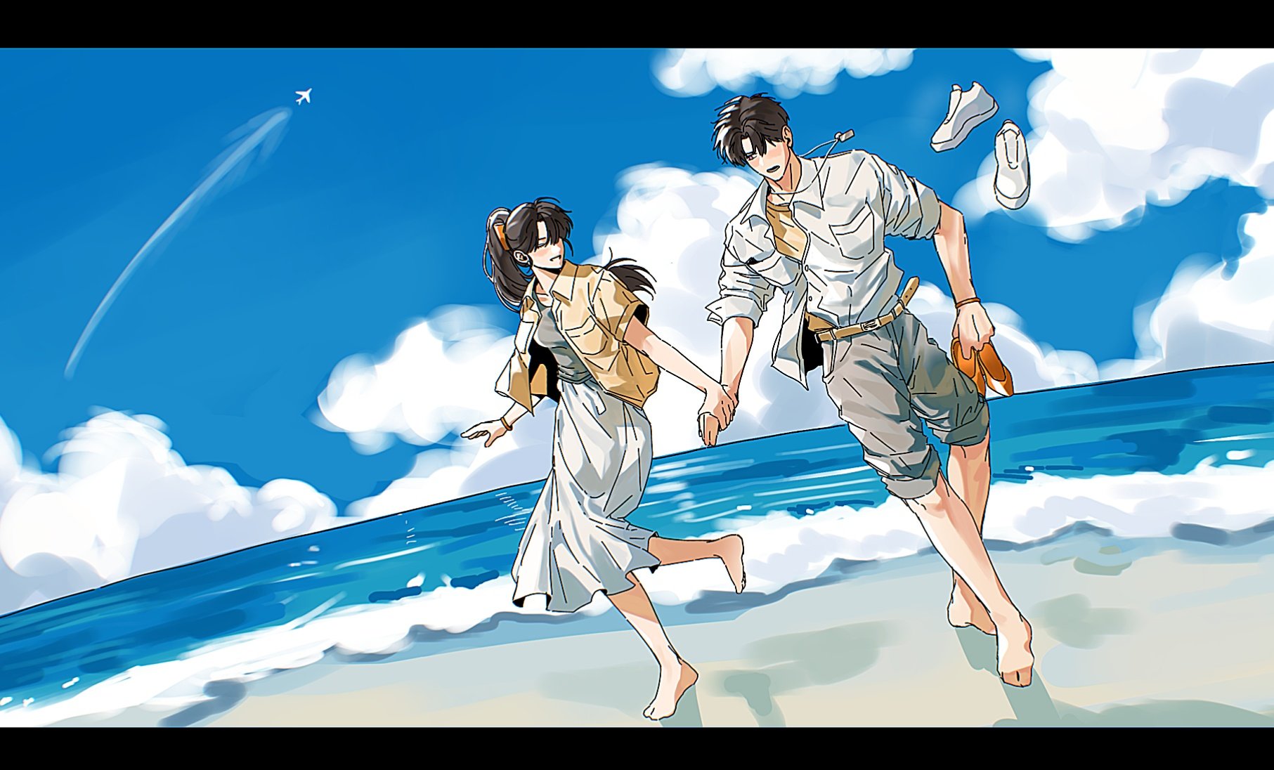 caleb (love and deepspace), protagonist (love and deepspace), love and deepspace, highres, 1boy, 1girl, aircraft, airplane, barefoot, beach, black hair, blush, breasts, collared shirt, couple, dog tags, grey shirt, grey shorts, hair between eyes, hetero, holding, holding shoes, holding unworn clothes, long hair, long skirt, medium breasts, meomo0613, ocean, orange shoes, parted bangs, parted lips, ponytail, shirt, shoes, short hair, shorts, skirt, smile, undershirt, unworn shoes, white shirt, white skirt, yellow shirt