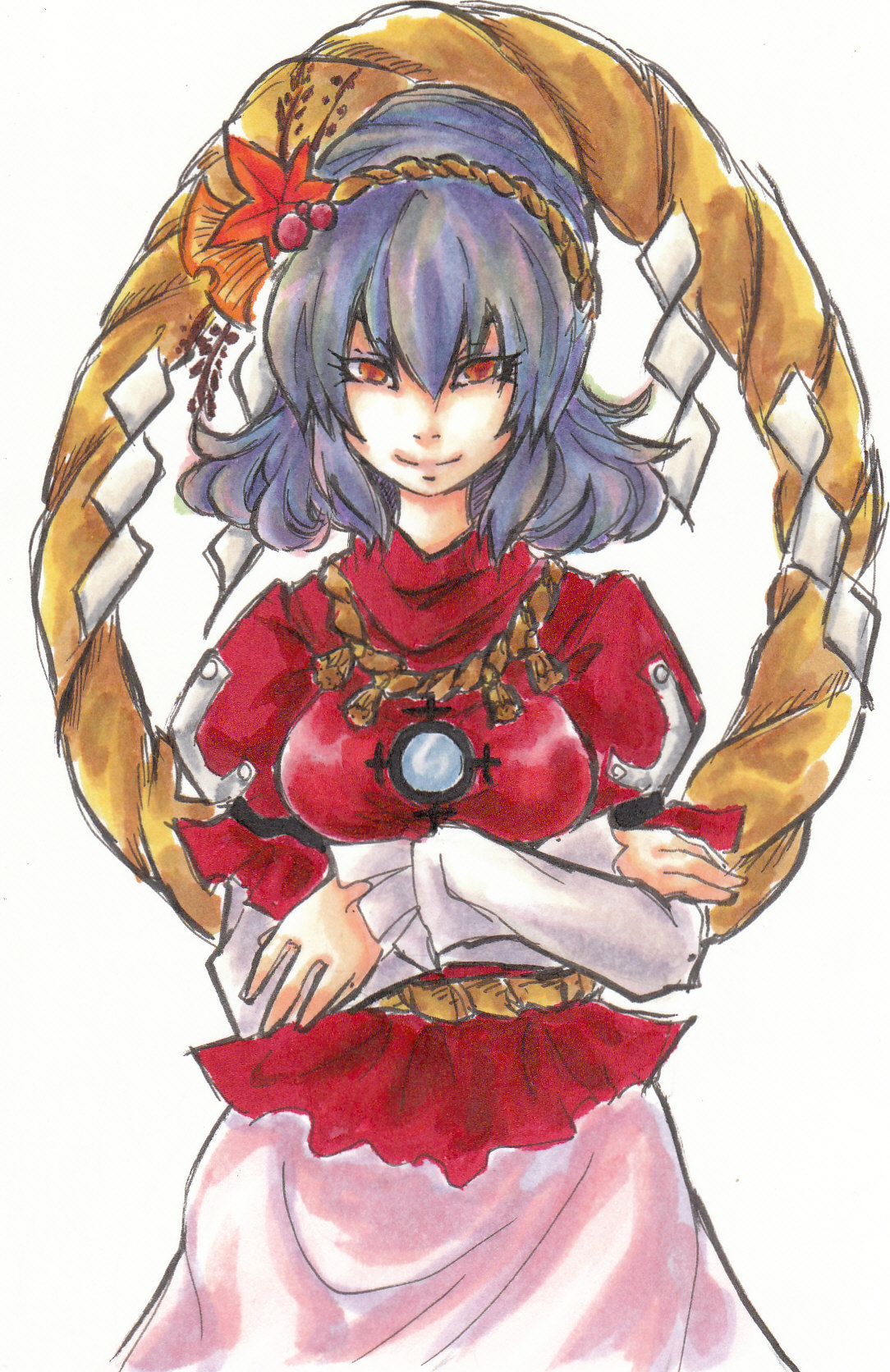 ichima, yasaka kanako, touhou, highres, 1girl, female focus, hair ornament, leaf hair ornament, rope, shide, shimenawa, solo