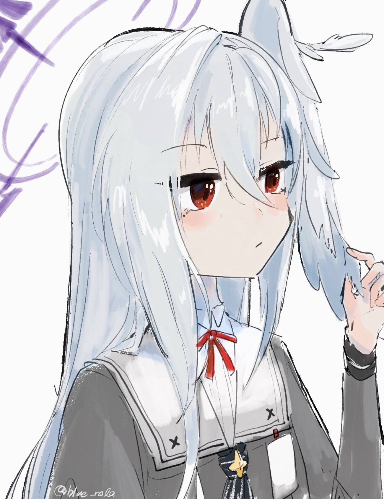 blue rola, suzumi (blue archive), blue archive, commentary request, highres, 1girl, blush, closed mouth, grey serafuku, grey wings, hair between eyes, halo, hand up, head wings, long hair, long sleeves, neckerchief, purple halo, red eyes, school uniform, serafuku, simple background, single head wing, single wing, solo, striped neckerchief, trinity general school logo, twitter username, upper body, white background, white hair, wings