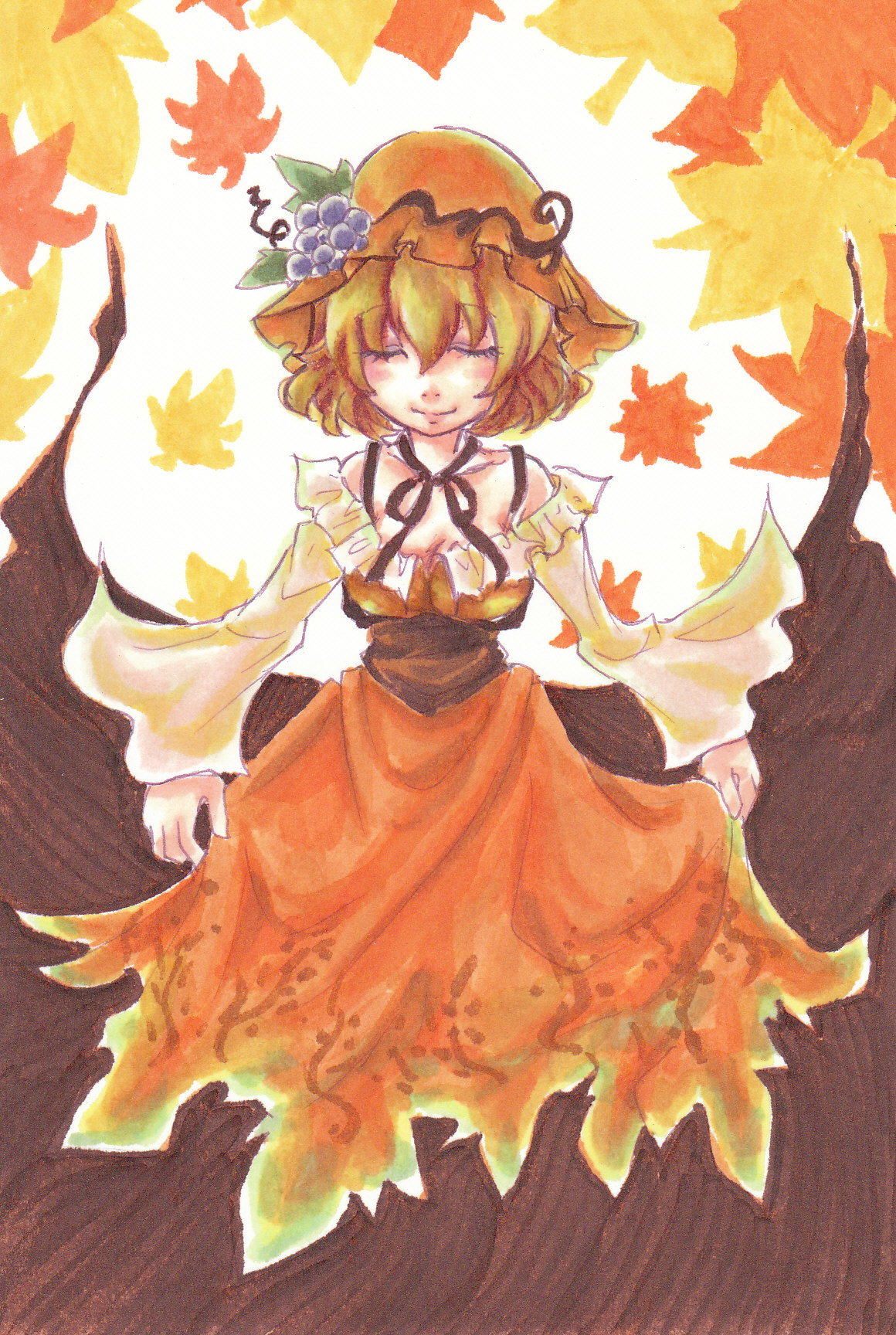 ichima, aki minoriko, touhou, highres, 1girl, closed eyes, female focus, leaf, plant, solo, standing