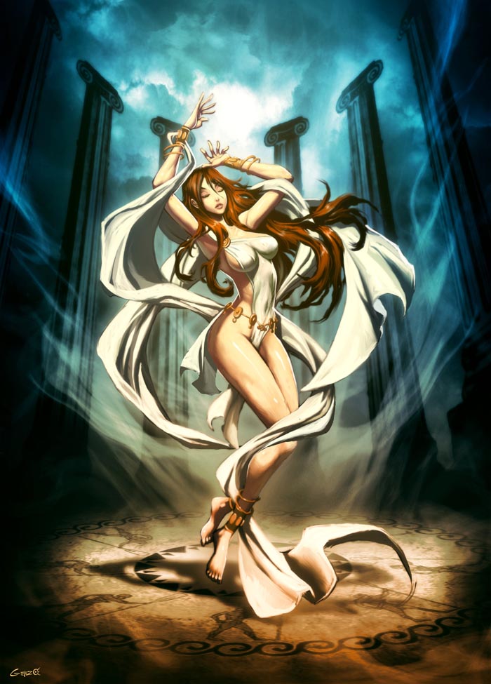 genzoman, delphi (mythology), greek mythology, commentary, 1girl, anklet, barefoot, bracelet, brown hair, female focus, jewelry, legs, lips, long hair, long legs, narrow waist, skinny, slender, solo