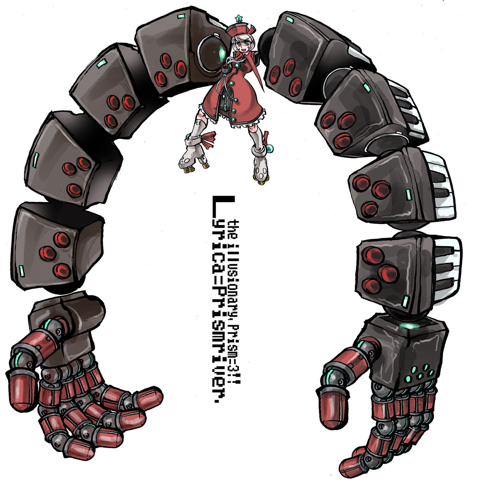 ebisawa sekisai, lyrica prismriver, sunken bishop, hellsinker, touhou, highres, brown hair, female focus, fusion, grey hair, mecha, mecha musume, mechanical arms, no humans, robot