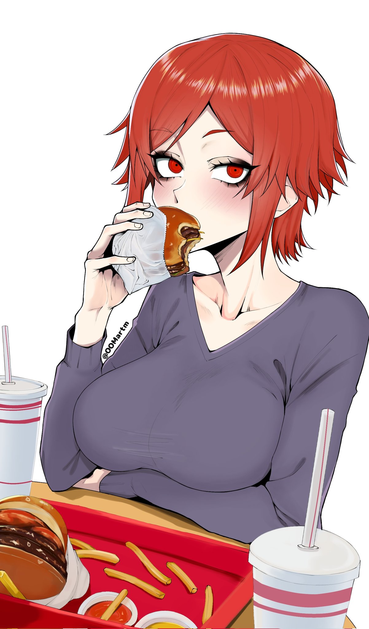 aizawa tomo, tomo-chan wa onna no ko, commentary, corrupted twitter file, highres, 1girl, arm under breasts, black eyeshadow, blush, breasts, burger, collarbone, cup, disposable cup, eating, eyelashes, eyeshadow, fingernails, food, french fries, grey sweater, hand up, holding, holding burger, holding food, ketchup, large breasts, looking at viewer, makeup, mustard, nose, on table, oomartm, red eyes, red hair, short hair, sidelocks, simple background, sitting, solo, sweater, table, tomboy, twitter username, upper body, white background