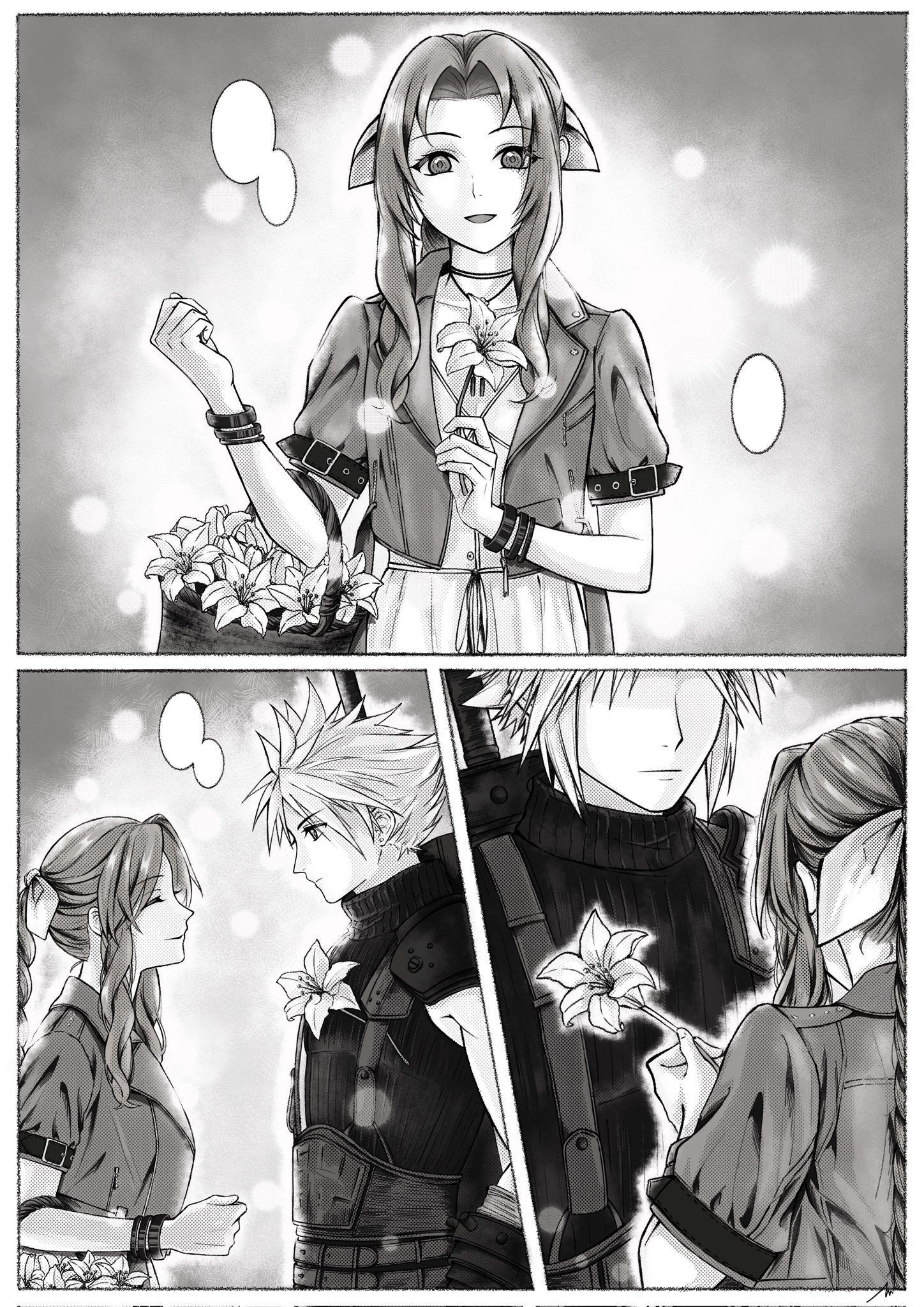 kayu0315, aerith gainsborough, cloud strife, final fantasy, final fantasy vii, final fantasy vii remake, highres, 1boy, 1girl, armor, bangle, basket, belt, black shirt, border, bracelet, braid, braided ponytail, buster sword, choker, closed eyes, cropped jacket, earrings, floral background, flower, grey background, greyscale, hair ribbon, holding, holding basket, holding flower, jewelry, lily (flower), monochrome, multiple belts, parted bangs, pauldrons, ribbon, shirt, short hair, short sleeves, shoulder armor, sidelocks, single braid, single earring, single pauldron, sleeveless, sleeveless turtleneck, smile, spiked hair, suspenders, sword, sword on back, turtleneck, upper body, weapon, weapon on back, white border