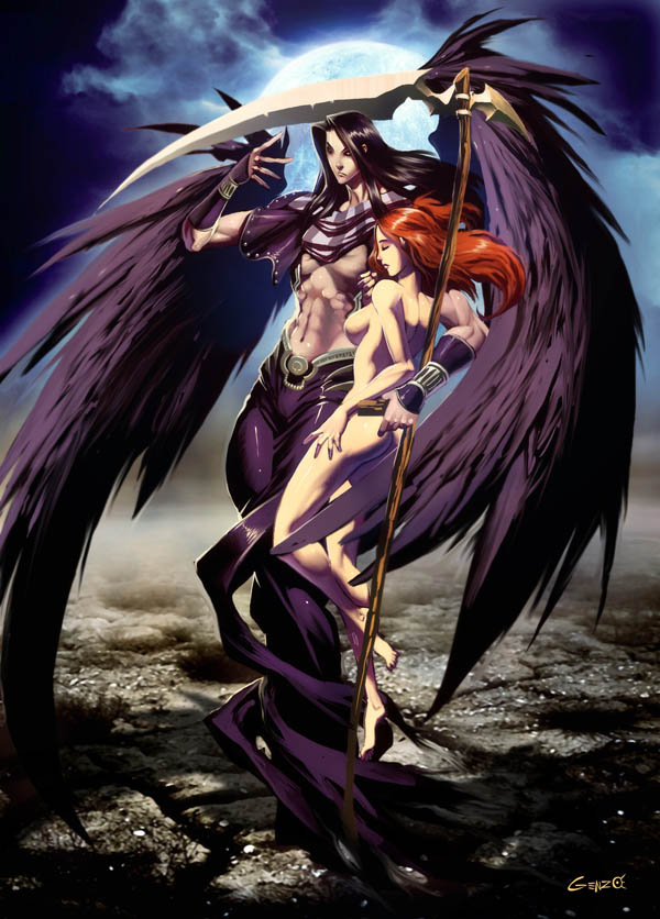 genzoman, thanatos (mythology), greek mythology, 1boy, 1girl, back, black hair, breasts, clothed male nude female, feathered wings, large breasts, legs, long hair, nude, red hair, scythe, sideboob, signature, vambraces, wings
