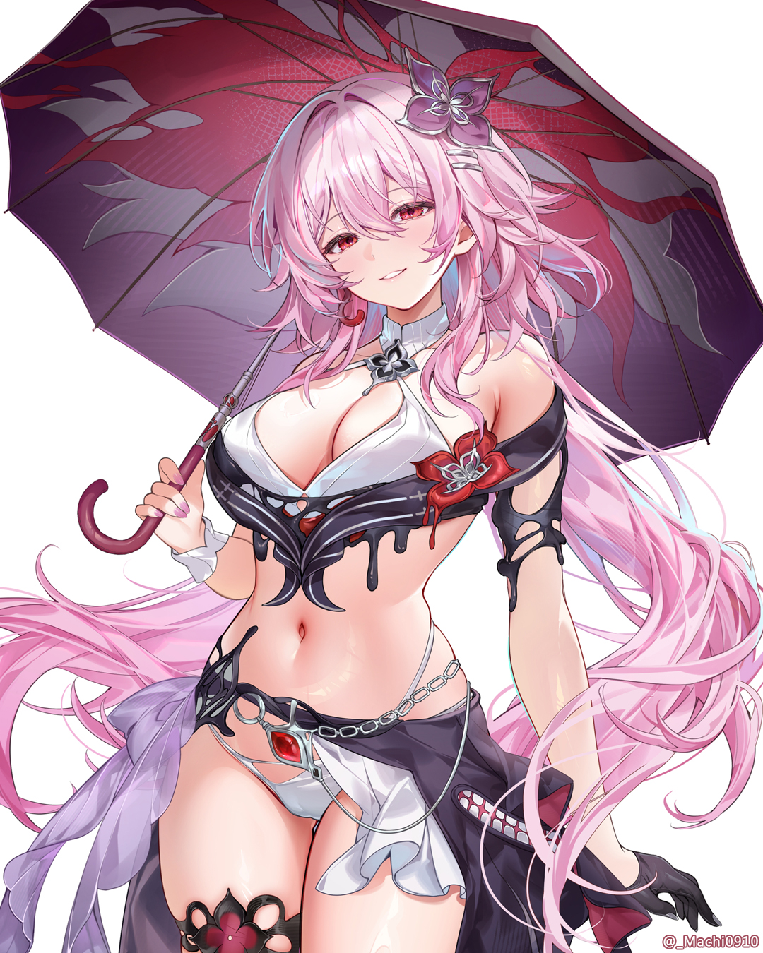machi (machi0910), evernight (honkai: star rail), march 7th (honkai: star rail), honkai: star rail, honkai (series), bilingual commentary, commentary, english commentary, highres, mixed-language commentary, 1girl, adapted costume, armpit crease, bare shoulders, bikini, black gloves, black sarong, breasts, chain, cleavage, cowboy shot, earrings, fingernails, flower, gloves, hair between eyes, hair flower, hair ornament, hairclip, holding, holding umbrella, jewelry, large breasts, long hair, looking at viewer, nail polish, navel, parallel hairclips, parted lips, pink hair, pink nails, purple flower, red eyes, sarong, simple background, single earring, single glove, smile, solo, stomach, swimsuit, thighlet, thighs, twitter username, umbrella, very long hair, white background, white bikini