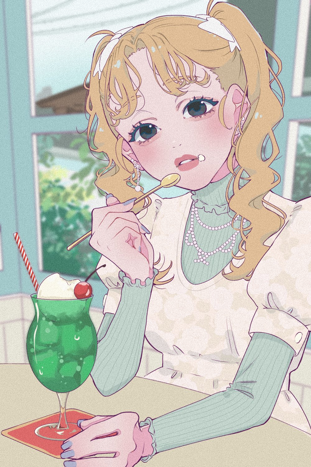 tamori (tamori www), original, highres, 1girl, aegyo sal, black eyes, blonde hair, blue nails, blurry, blurry background, blush, cafe, cherry, collar, dress, earrings, elbows on table, eyelashes, film grain, floral print, floral print dress, food, food on face, frilled collar, frills, fruit, hair ribbon, holding, holding spoon, ice cream, ice cream float, ice cream spoon, indoors, jewelry, long sleeves, looking at viewer, nail polish, necklace, parted bangs, parted lips, pearl necklace, print dress, puffy sleeves, ribbon, shirt under dress, sitting, spoon, table, thick lips, turtleneck, twintails, wavy hair, white dress, white ribbon, window