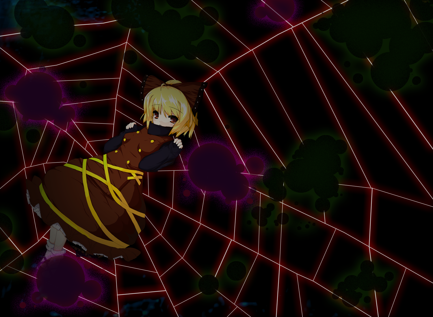 eigetu, kurodani yamame, touhou, bad id, bad pixiv id, 1girl, black background, blonde hair, dark, female focus, silk, solo, spider web