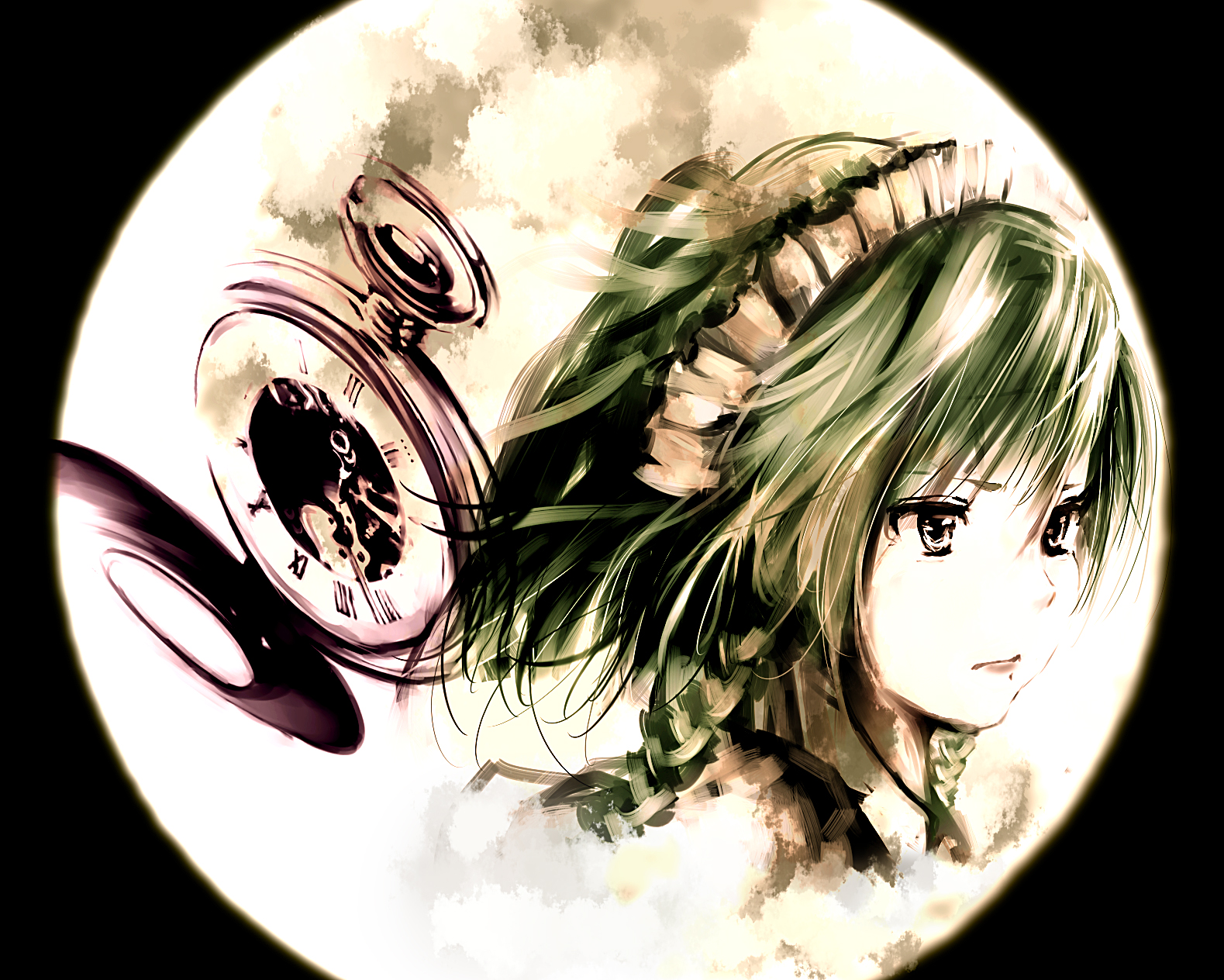 yae (mono110), izayoi sakuya, touhou, silver hair, bad id, bad pixiv id, highres, 1girl, braid, female focus, maid, moon, pocket watch, short hair, solo, twin braids, watch