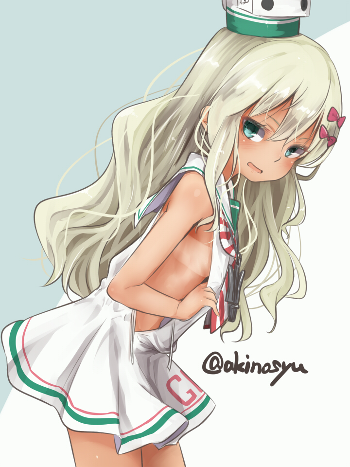 akino shuu, grecale (kancolle), kantai collection, commentary request, 1girl, artist name, blonde hair, blue eyes, dress, long hair, low-cut armhole, open mouth, sailor collar, sailor dress, short dress, signature, sleeveless, sleeveless dress, solo, tan, tanline, twitter username, wavy hair, white dress, white sailor collar