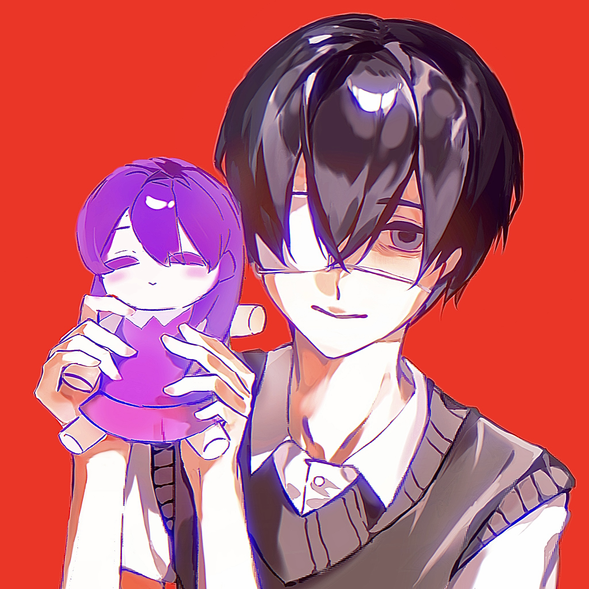 fusuzhishangjiuwanli, mari (headspace) (omori), mari (omori), sunny (omori), omori, chinese commentary, commentary request, highres, spoilers, 1boy, bags under eyes, black hair, buttons, character doll, chromatic aberration, closed mouth, collarbone, collared shirt, doll, double-parted bangs, eyepatch, grey eyes, grey sweater vest, hair between eyes, hands up, holding, holding doll, male focus, one eye covered, red background, shirt, short hair, short sleeves, simple background, smile, solo, sweater vest, very short hair, white shirt