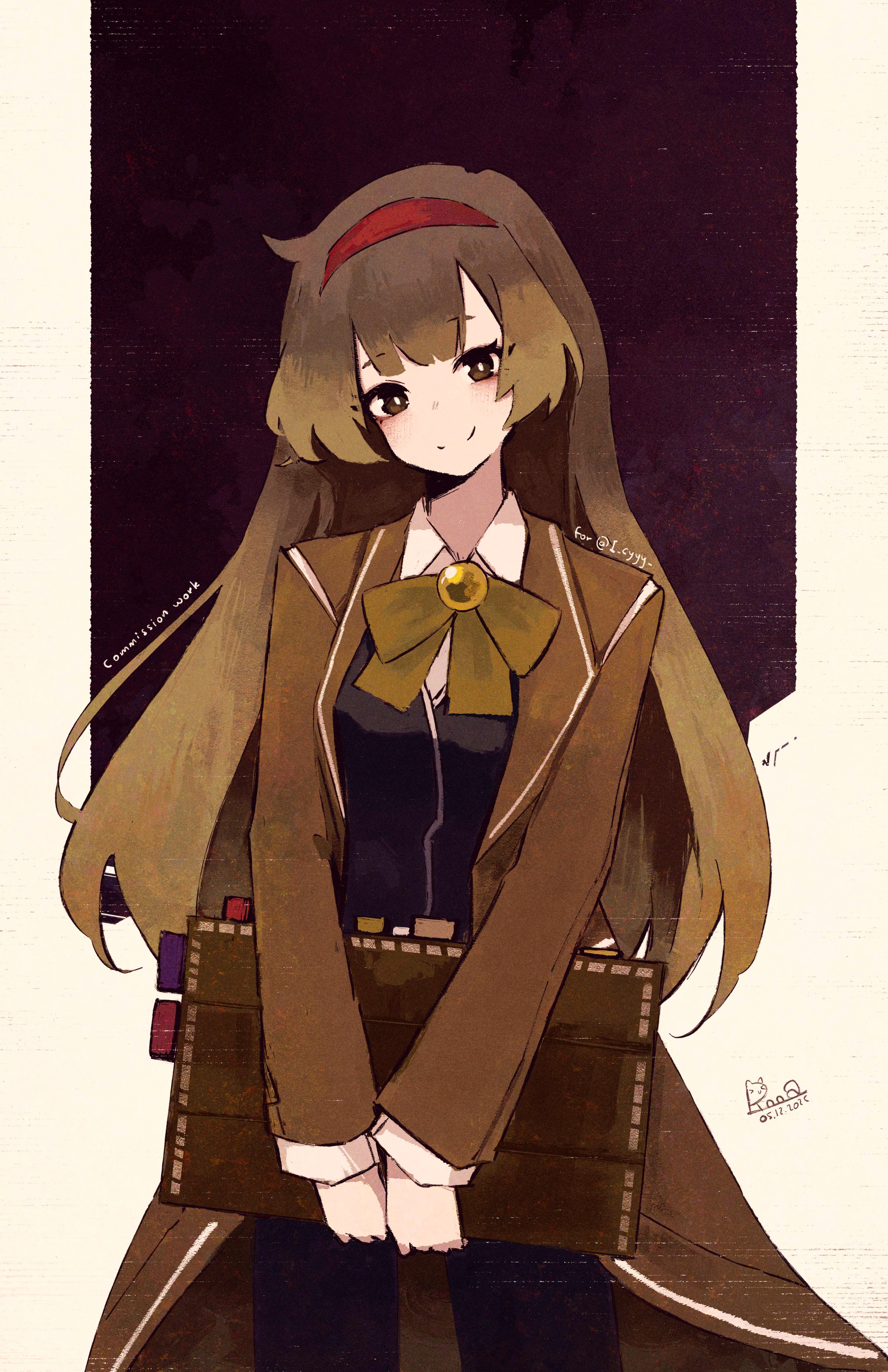 rnna, malkuth (project moon), library of ruina, project moon, absurdres, highres, 1girl, black pants, black vest, book, border, bow, bowtie, brown bow, brown bowtie, brown eyes, brown hair, brown pantyhose, collared shirt, hairband, holding, holding book, long hair, long sleeves, looking at viewer, pants, pantyhose, red hairband, shirt, simple background, smile, solo, standing, upper body, vest, white border, white shirt