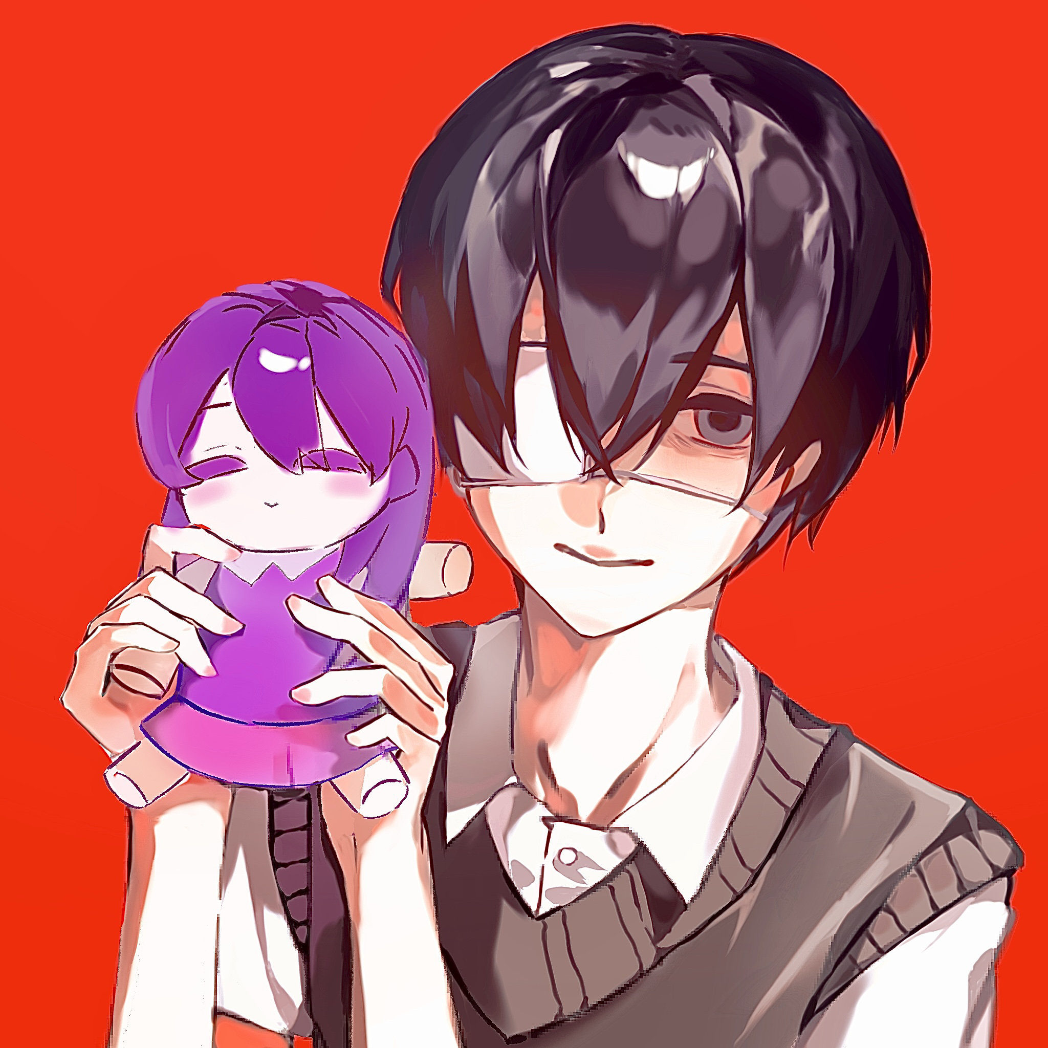fusuzhishangjiuwanli, mari (headspace) (omori), mari (omori), sunny (omori), omori, chinese commentary, commentary request, highres, spoilers, 1boy, bags under eyes, black hair, buttons, character doll, closed mouth, collarbone, collared shirt, doll, double-parted bangs, eyepatch, grey eyes, grey sweater vest, hair between eyes, hands up, holding, holding doll, male focus, one eye covered, red background, shirt, short hair, short sleeves, simple background, smile, solo, sweater vest, very short hair, white shirt