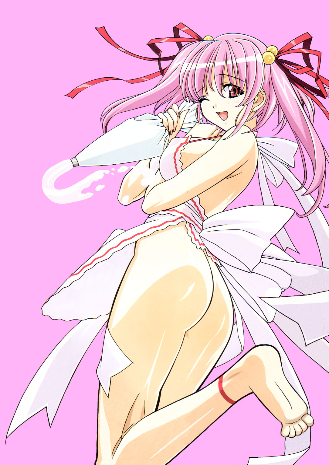 kuroda kazuya, highres, 1girl, anklet, apron, ass, barefoot, breasts, cream, feet, female focus, jewelry, large breasts, naked apron, pink eyes, pink hair, ribbon, soles, solo, toes