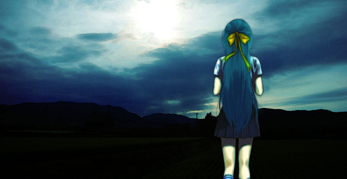 gesunohana, mu-ko, sonozaki shion, higurashi no naku koro ni, 00s, 1girl, back, female focus, green hair, half updo, landscape, long hair, ribbon, scenery, school uniform, serafuku, sky, solo