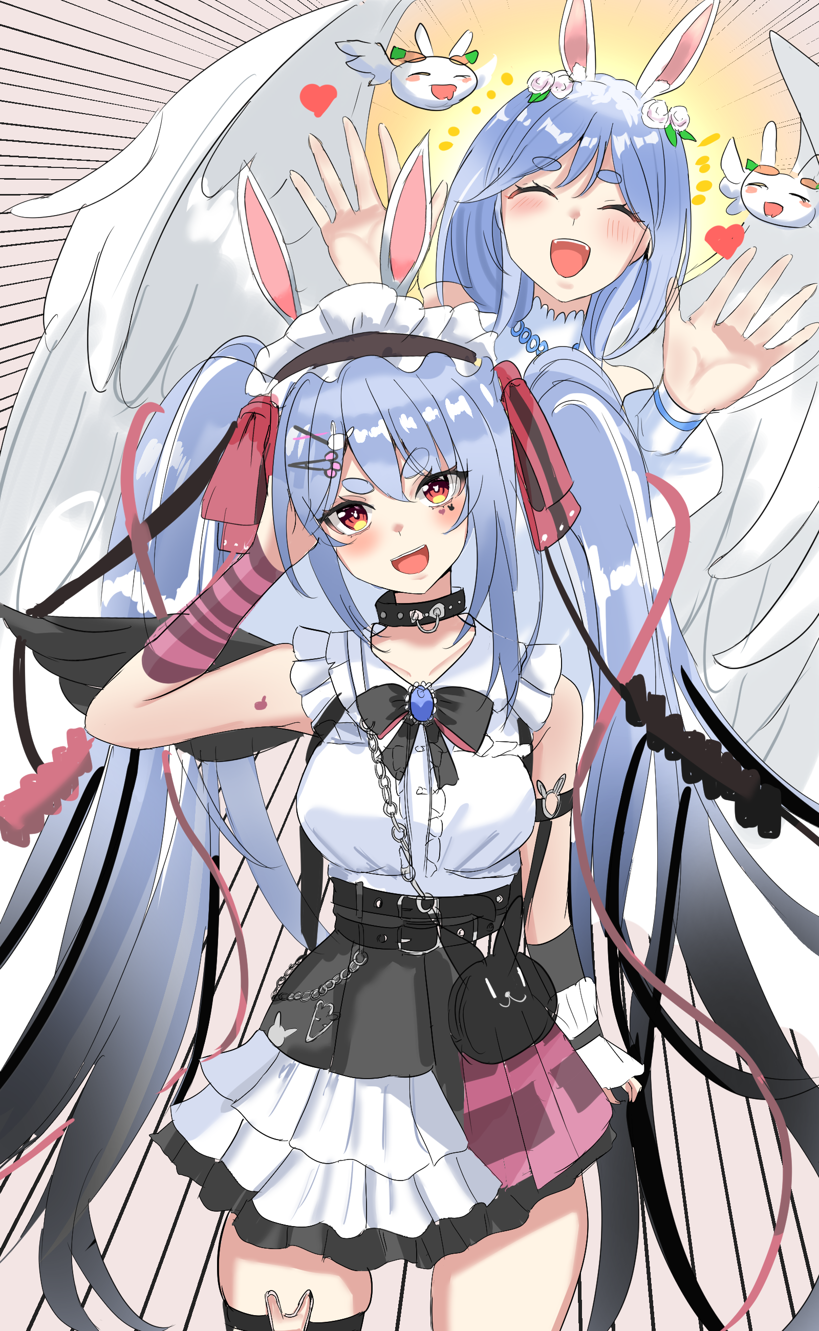kurogomatcha, pekomama, pekomon (usada pekora), usada pekora, hololive, absurdres, highres, 2girls, angel, angel wings, animal ears, black collar, blue hair, closed mouth, collar, dress, long hair, mother and daughter, multiple girls, official alternate costume, official alternate hairstyle, open mouth, orange eyes, pekomama (2nd costume), rabbit ears, rabbit girl, smile, usada pekora (11th costume), very long hair, virtual youtuber, white dress, wings