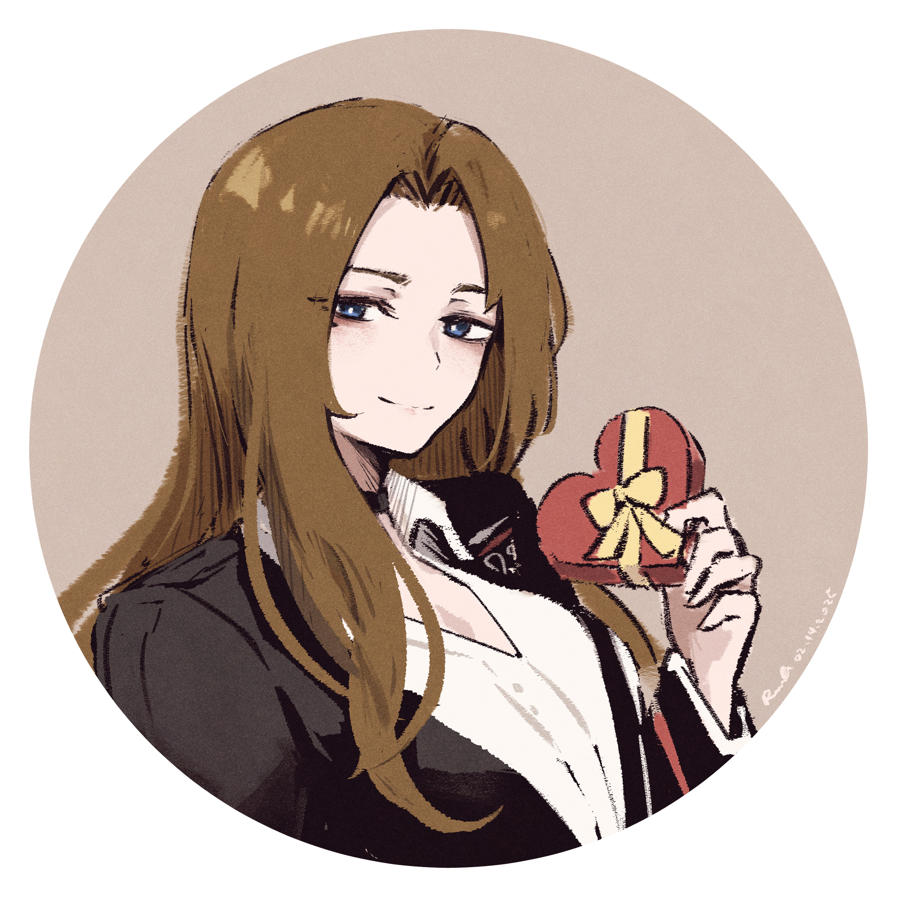 rnna, rodion (project moon), limbus company, project moon, absurdres, highres, 1girl, black choker, black coat, blue eyes, box, brown hair, choker, coat, collared shirt, heart-shaped box, long hair, long sleeves, looking at viewer, parted bangs, shirt, simple background, solo, upper body, white background, white shirt