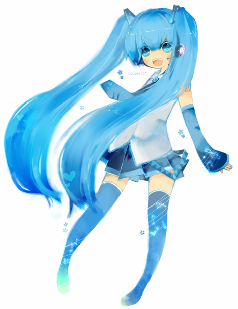 rinju umisu, sumisu (rinsumi), hatsune miku, vocaloid, 1girl, beamed quavers, blue eyes, blue hair, detached sleeves, female focus, long hair, matching hair/eyes, miniskirt, musical note, necktie, quaver, skirt, smile, solo, thighhighs, treble clef, twintails, zettai ryouiki
