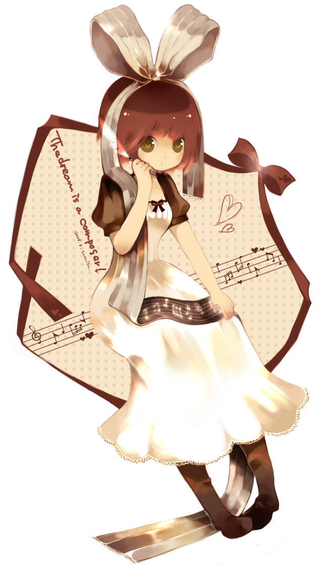 rinju umisu, sumisu (rinsumi), original, bad id, bad pixiv id, 1girl, beamed quavers, brown eyes, brown hair, female focus, heart, musical note, musical staff, quaver, ribbon, solo, treble clef