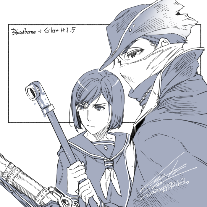 hiryuu (kugelcruor), hunter (bloodborne), shimizu hinako, bloodborne, silent hill (series), silent hill f, 1boy, 1girl, bandana, bandana over mouth, bob cut, copyright name, dated, fighting stance, furrowed brow, greyscale, hair between eyes, hat, holding, holding lead pipe, jacket, lead pipe, monochrome, neckerchief, popped collar, sailor collar, school uniform, serafuku, short hair, signature, swept bangs, torn clothes, torn hat, tricorne, upper body