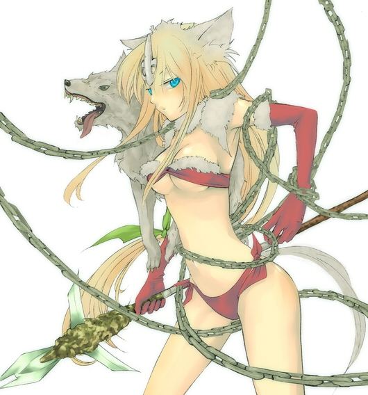 hajim, fenrir knight, riesz, seiken densetsu, seiken densetsu 3, bad id, bad pixiv id, 1girl, animal ears, blonde hair, blue eyes, breasts, chain, cleavage, elbow gloves, female focus, gloves, horns, long hair, low-tied long hair, polearm, single horn, solo, spear, underboob, weapon, wolf, wolf ears