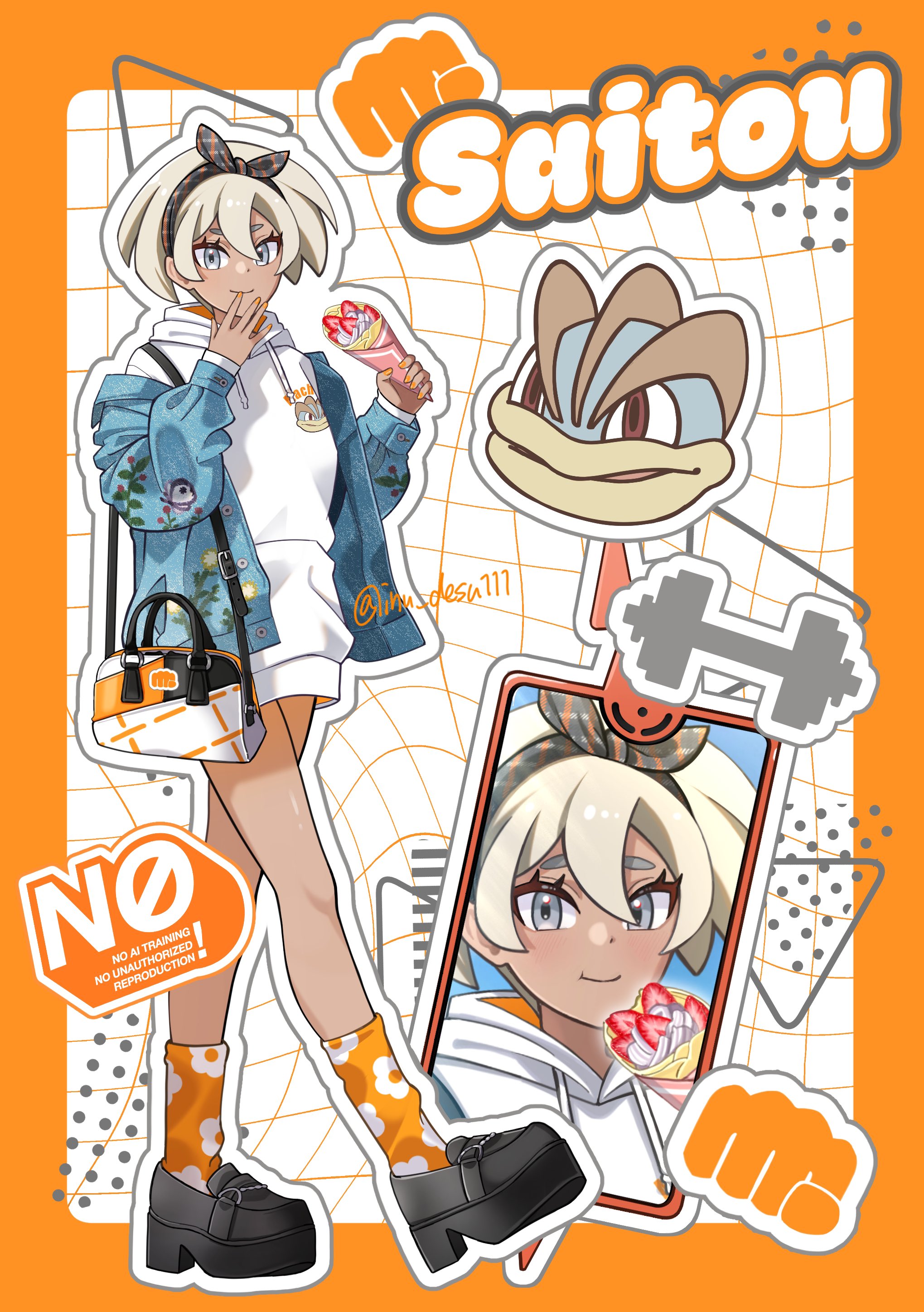 shiba (tonari no shiba inu), bea (pokemon), machamp, rotom, rotom phone, nintendo, pokemon, pokemon swsh, absurdres, highres, 1girl, alternate costume, bag, black hairband, blue jacket, bow hairband, breasts, closed mouth, crepe, dark-skinned female, dark skin, dumbbell, eating, food, fruit, gen 1 pokemon, gen 4 pokemon, grey eyes, grey hair, hair between eyes, hairband, holding, holding food, hood, hoodie, jacket, looking at viewer, open clothes, open jacket, school bag, selfie, shoes, short hair, smile, socks, strawberry, white hoodie