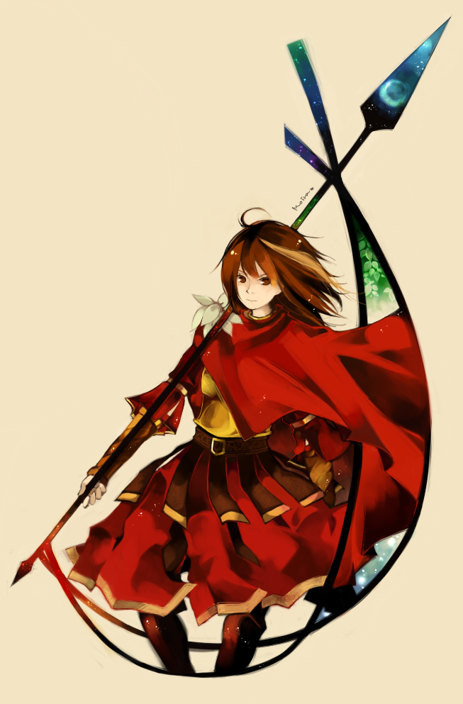 rinju umisu, sumisu (rinsumi), leontius, moira, sound horizon, bad id, bad pixiv id, 1girl, armor, brown eyes, brown hair, female focus, polearm, solo, spear, weapon