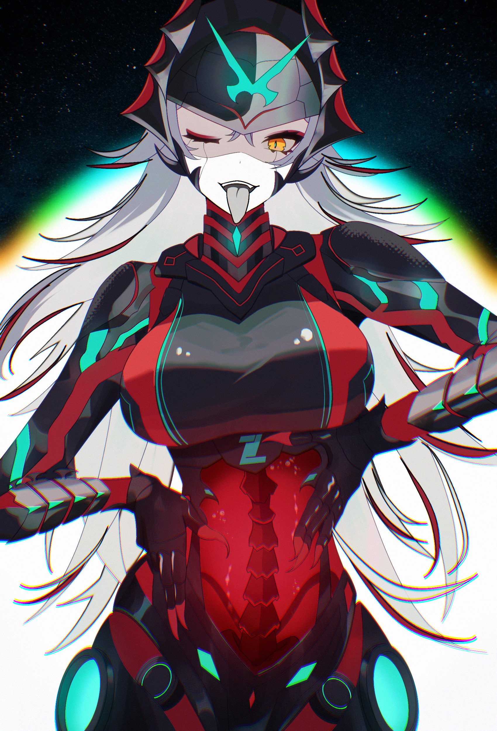 natsuki iroha, zentreya, zentreya (cyber dragon), indie virtual youtuber, absurdres, highres, 1girl, bodysuit, breasts, colored skin, helmet, large breasts, looking at viewer, one eye closed, open mouth, red bodysuit, see-through bodysuit, see-through clothes, solo, tongue, tongue out, virtual youtuber, white hair, white skin, yellow eyes