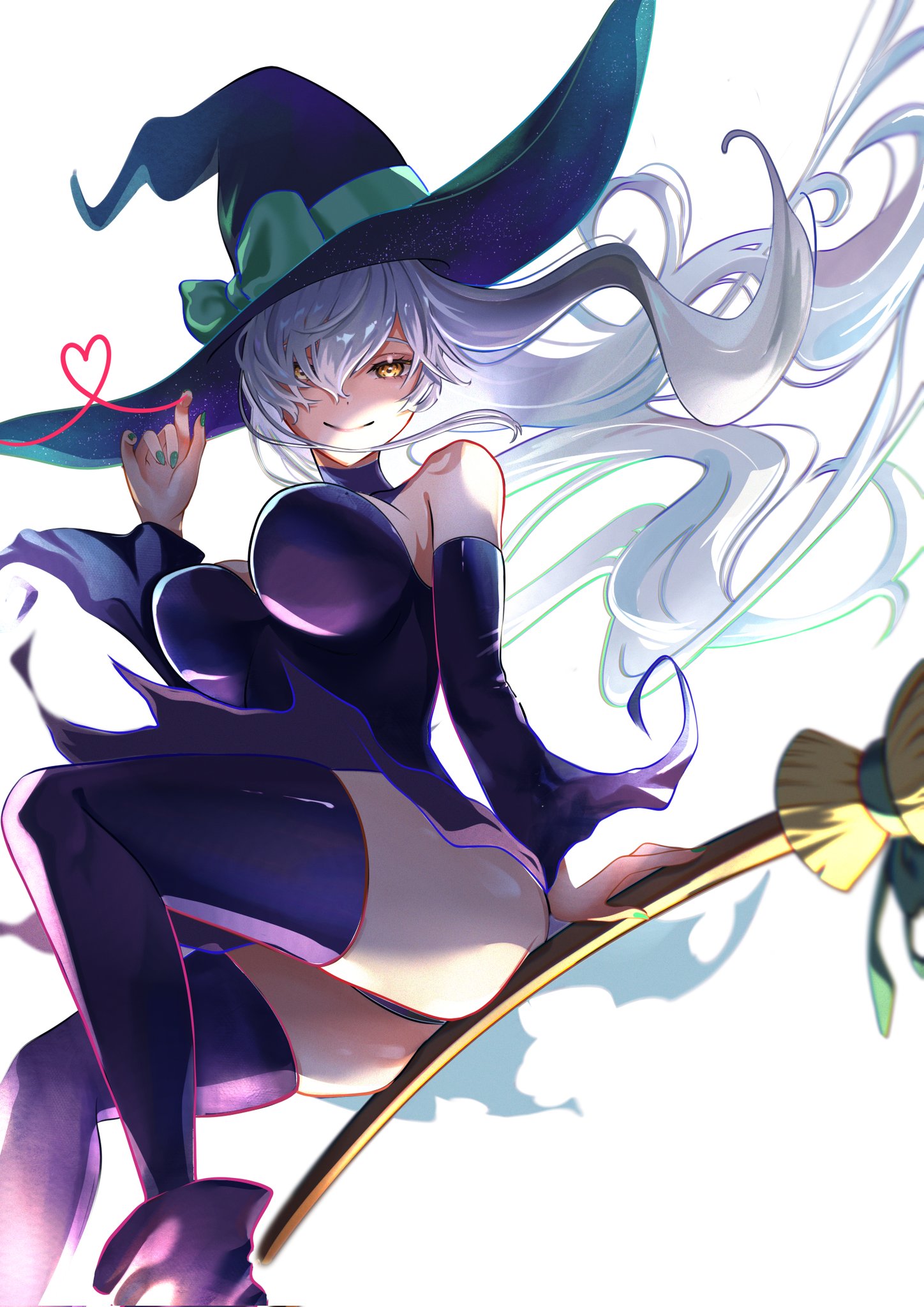 mishima nina, zentreya, zentreya (witch), indie virtual youtuber, highres, 1girl, ankle boots, aqua nails, black boots, black dress, black hat, black sleeves, black thighhighs, boots, breasts, broom, broom riding, closed mouth, detached sleeves, dress, hair over one eye, hat, large breasts, looking at viewer, nail polish, smile, solo, thighhighs, virtual youtuber, white hair, yellow eyes