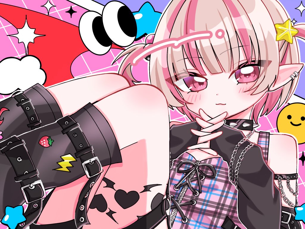 makaino ririmu, makaino ririmu (6th costume), nijisanji, 1girl, arm strap, bare shoulders, black arm warmers, black collar, black leg warmers, black straps, blunt bangs, blush, chain, chain bracelet, closed mouth, collar, colored inner hair, crop top, cross-laced clothes, cross-laced top, ear cuffs, fingerless gloves, food print, fruit print, gloves, grey hair, hair bobbles, hair ornament, interlocked fingers, knees up, leg belt, leg tattoo, leg warmers, lightning bolt print, looking at viewer, multicolored hair, no headwear, no jacket, o-ring, o-ring thigh strap, pink hair, plaid clothes, pointy ears, red eyes, ruruni24, short hair, sleeveless, smile, solo, spiked collar, spikes, star (symbol), strawberry print, streaked hair, tattoo, thigh strap, two side up, upper body, virtual youtuber, winged heart, winged heart tattoo, wolf cut, zipper top