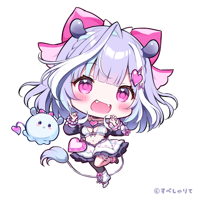 pan (mimi), specialite (company), commentary request, official art, 1girl, :d, animal ears, bead bracelet, beads, black shirt, blue hair, blush, bow, bracelet, breasts, claw pose, crop top, fangs, hair bow, heart, jewelry, large breasts, long sleeves, looking at viewer, multicolored hair, navel, open mouth, pink bow, puffy long sleeves, puffy sleeves, purple eyes, purple hair, sailor collar, shirt, simple background, single hair intake, skirt, smile, streaked hair, tail, virtual youtuber, white background, white hair, white skirt, yumemi mumu