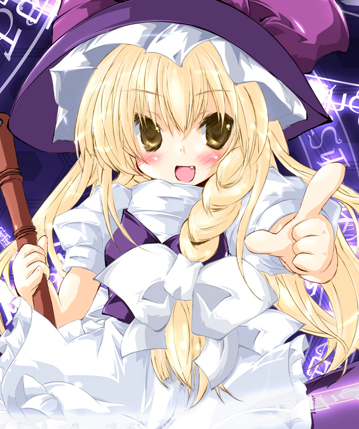 shinkichi (usadama), usadama gorori, kirisame marisa, touhou, 1girl, blonde hair, blush, brown eyes, female focus, hat, solo, staff, witch, witch hat