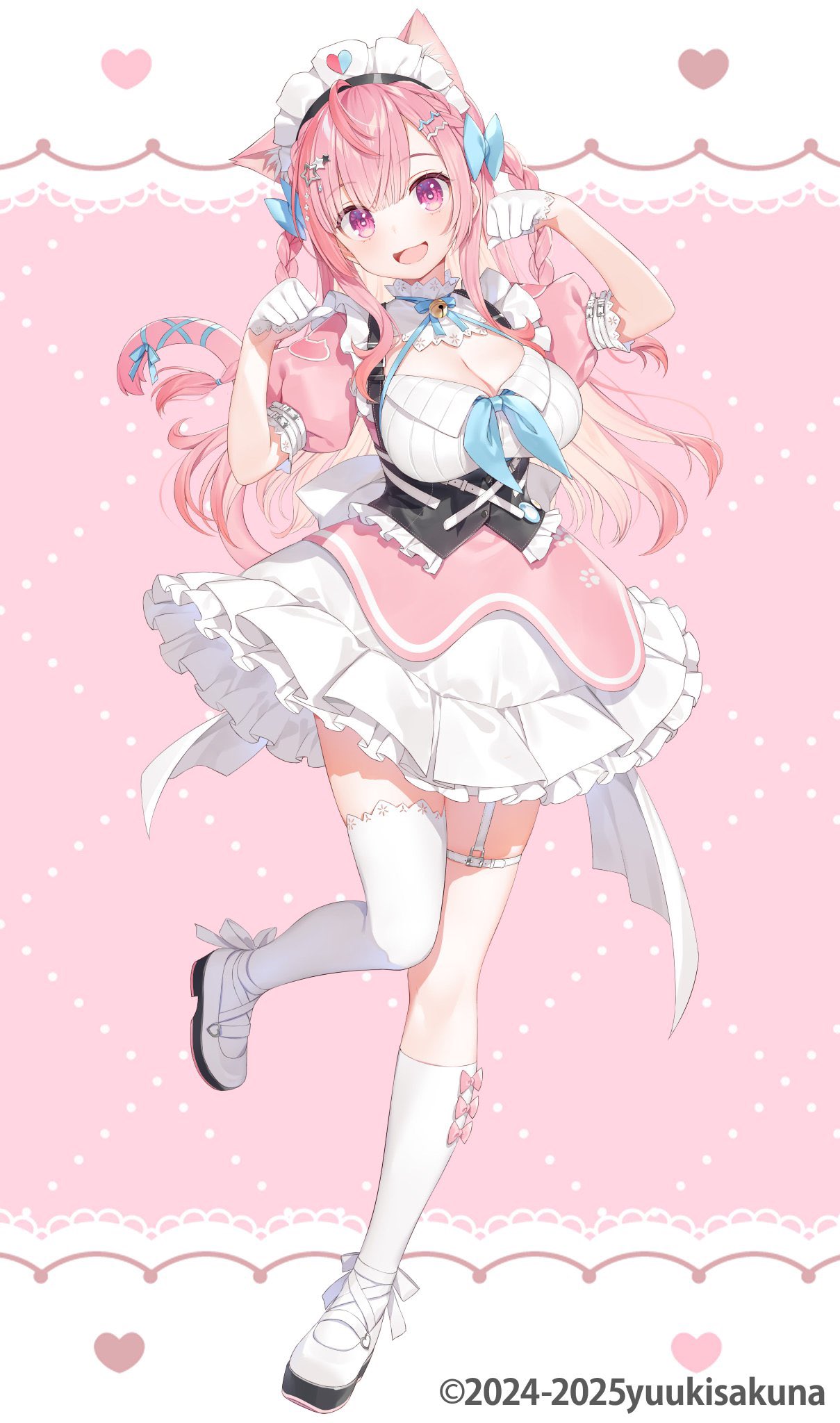 yuuki hagure, yuuki sakuna, indie virtual youtuber, highres, official art, second-party source, 1girl, :3, animal ears, antenna hair, aqua bow, back bow, bell, belt, bow, braid, breasts, cat-shaped pupils, cat girl, chest belt, colored inner hair, copyright notice, dress, extra ears, footwear bow, full body, gloves, hair ornament, half gloves, jingle bell, large breasts, long hair, looking at viewer, maid headdress, multicolored hair, open mouth, paw pose, puffy sleeves, purple eyes, short dress, short sleeves, single thighhigh, skirt, smile, standing, standing on one leg, star (symbol), star hair ornament, swept bangs, symbol-shaped pupils, tail, tail bow, tail ornament, thigh strap, thighhighs, twin braids, virtual youtuber, waist bow, white belt, white gloves, white skirt