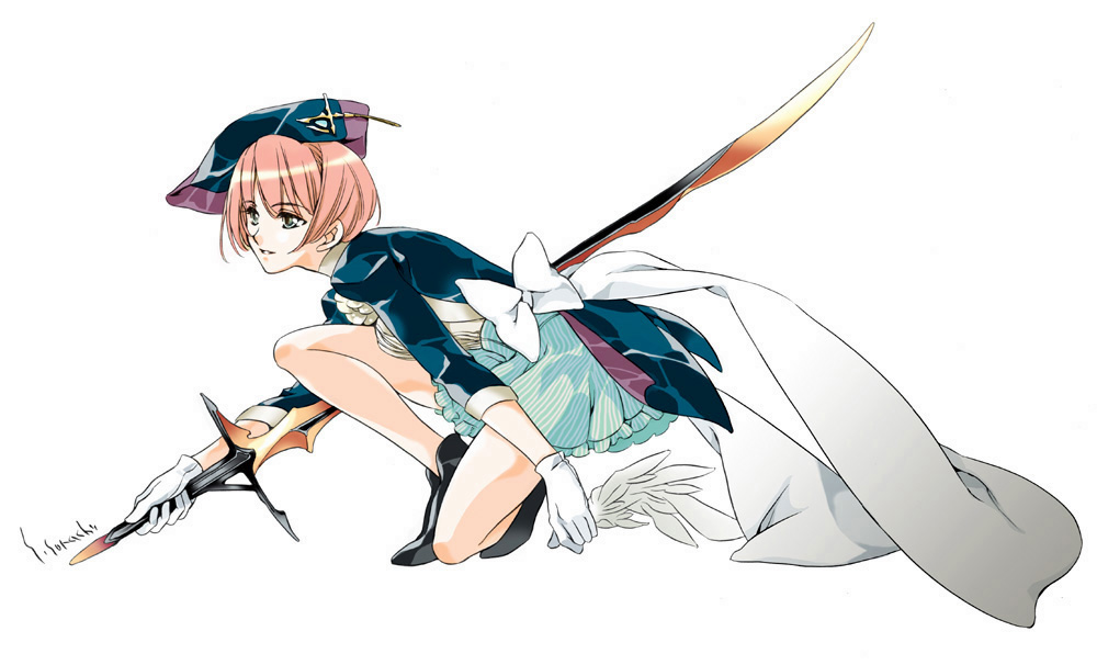 sorachi satoko, gloves, grey eyes, hat, red hair, solo, sword, weapon
