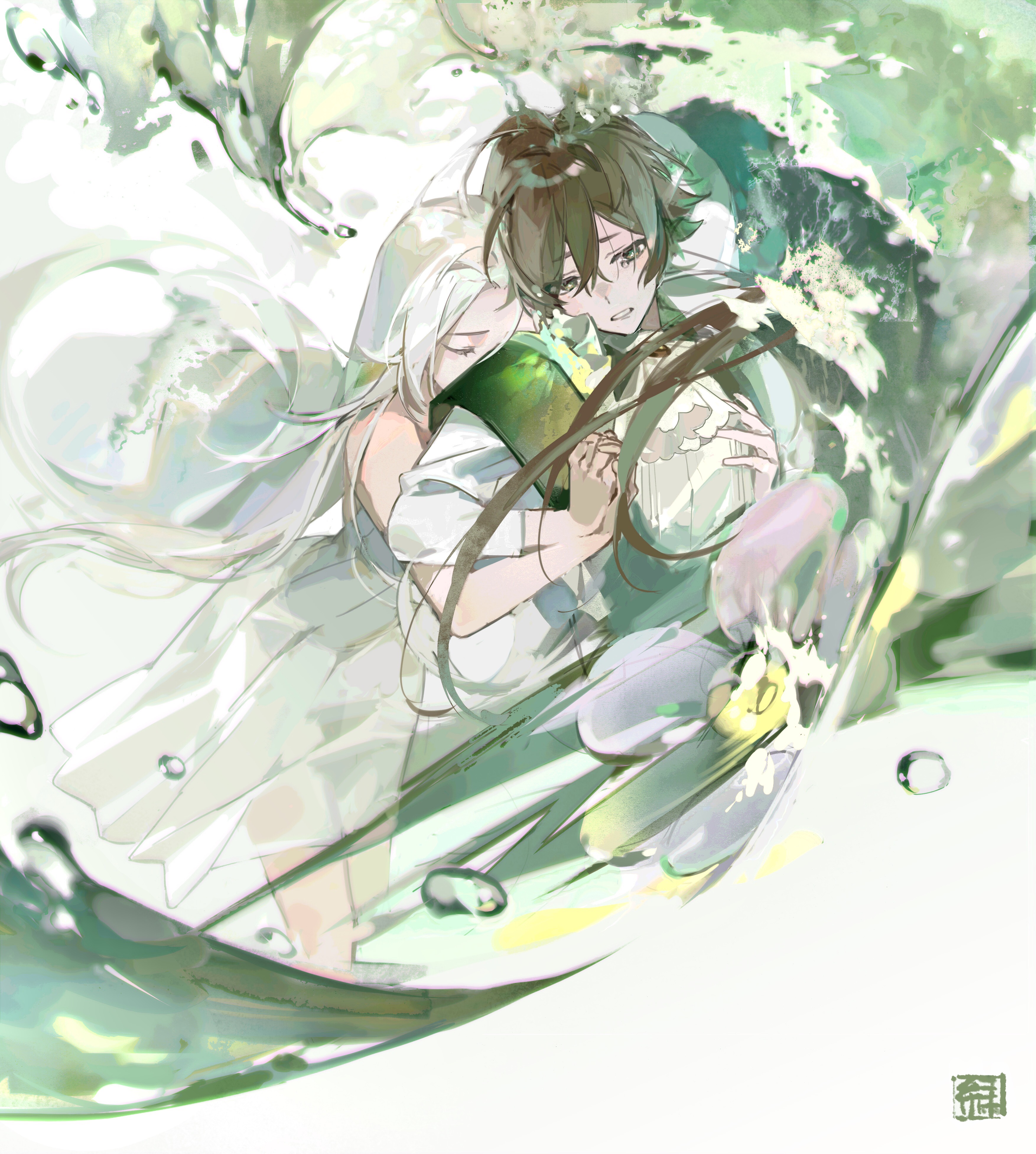tita (titanaaaaa), olympia (olympia soiree), olympia soiree, absurdres, highres, 1boy, 1girl, ahoge, amakusa shirou tokisada (olympia soiree), ascot, bare shoulders, brown hair, capelet, closed eyes, couple, covered mouth, cowboy shot, dress, flower, green capelet, green eyes, green theme, hair between eyes, hetero, hug, hug from behind, long hair, low ponytail, parted bangs, parted lips, pink flower, ponytail, seal impression, shirt, sleeveless, sleeveless dress, tearing up, water, waves, white ascot, white background, white dress, white hair, white shirt
