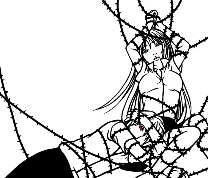 gesunohana, mu-ko, houjou satoshi, sonozaki shion, higurashi no naku koro ni, md5 mismatch, 00s, 1boy, 1girl, bdsm, bound, green eyes, long hair, monochrome, red eyes, restrained, school uniform, serafuku, short hair, thorns