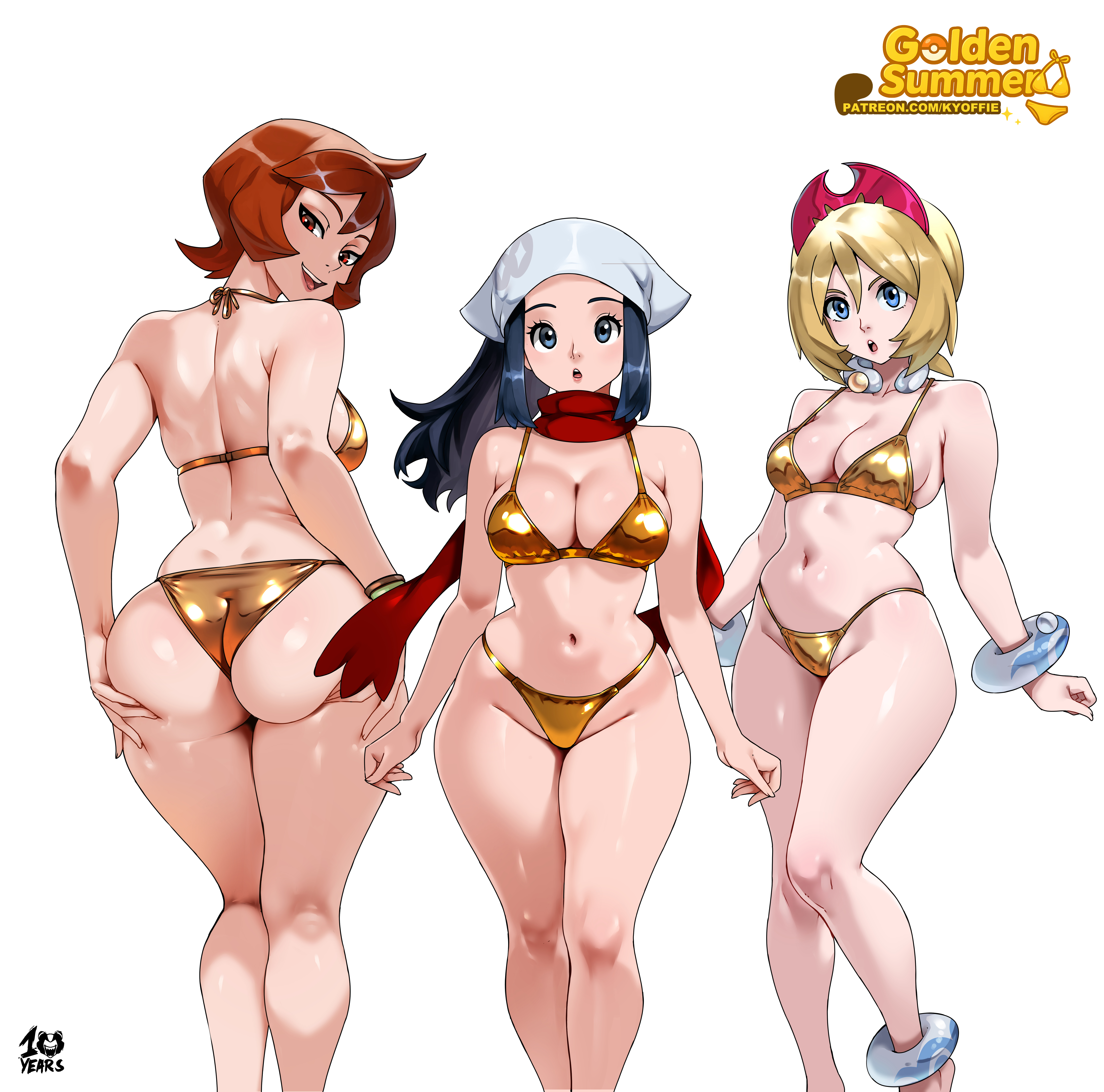 kyoffie, akari (pokemon), arezu (pokemon), irida (pokemon), nintendo, pokemon, pokemon legends: arceus, absurdres, commentary, highres, 3girls, :o, anklet, ass, bikini, black hair, blonde hair, blue eyes, bracelet, breasts, brown eyes, brown hair, cleavage, feet out of frame, from behind, gold bikini, hairband, hand on own arm, hat, jewelry, large breasts, long hair, looking at viewer, looking back, medium breasts, multiple girls, navel, open mouth, red hairband, red scarf, scarf, short hair, simple background, smile, stomach, swimsuit, teeth, upper teeth only, white background, white hat