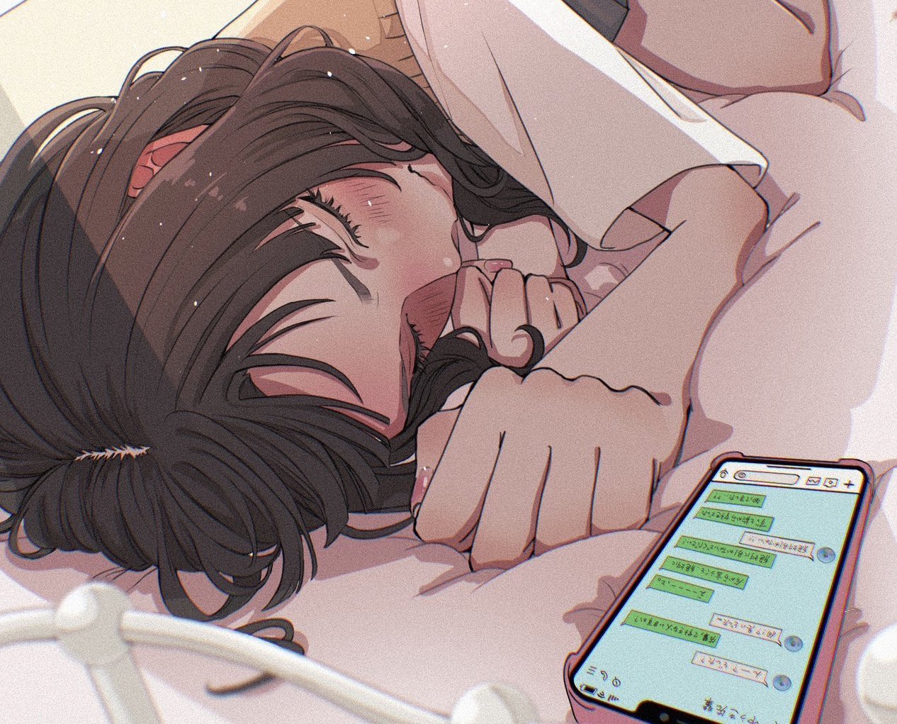 tamori (tamori www), line (naver), original, 1girl, black skirt, blurry, blush, brown hair, cellphone, chat log, chromatic aberration, clenched hands, closed eyes, collared shirt, depth of field, film grain, flustered, from above, hands up, knee up, lying, medium hair, nail polish, on bed, on stomach, phone, pink nails, school uniform, shirt, short sleeves, skirt, smartphone, sweater vest, text messaging, white shirt